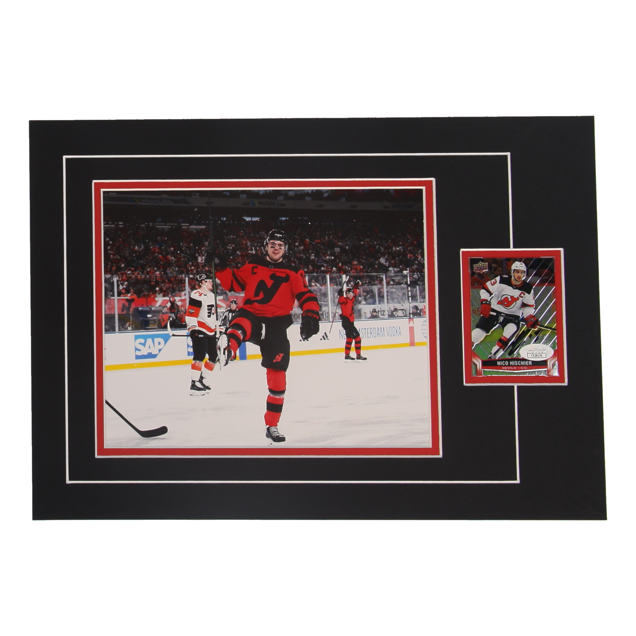 Nico Hischier Signed 12x17 Custom Matted Sports Card Display with Photo (JSA) at PristineAuction.com Nico Hischier Signed 12x17 Custom Matted Sports Card Display with Photo (JSA) at PristineAuction.com