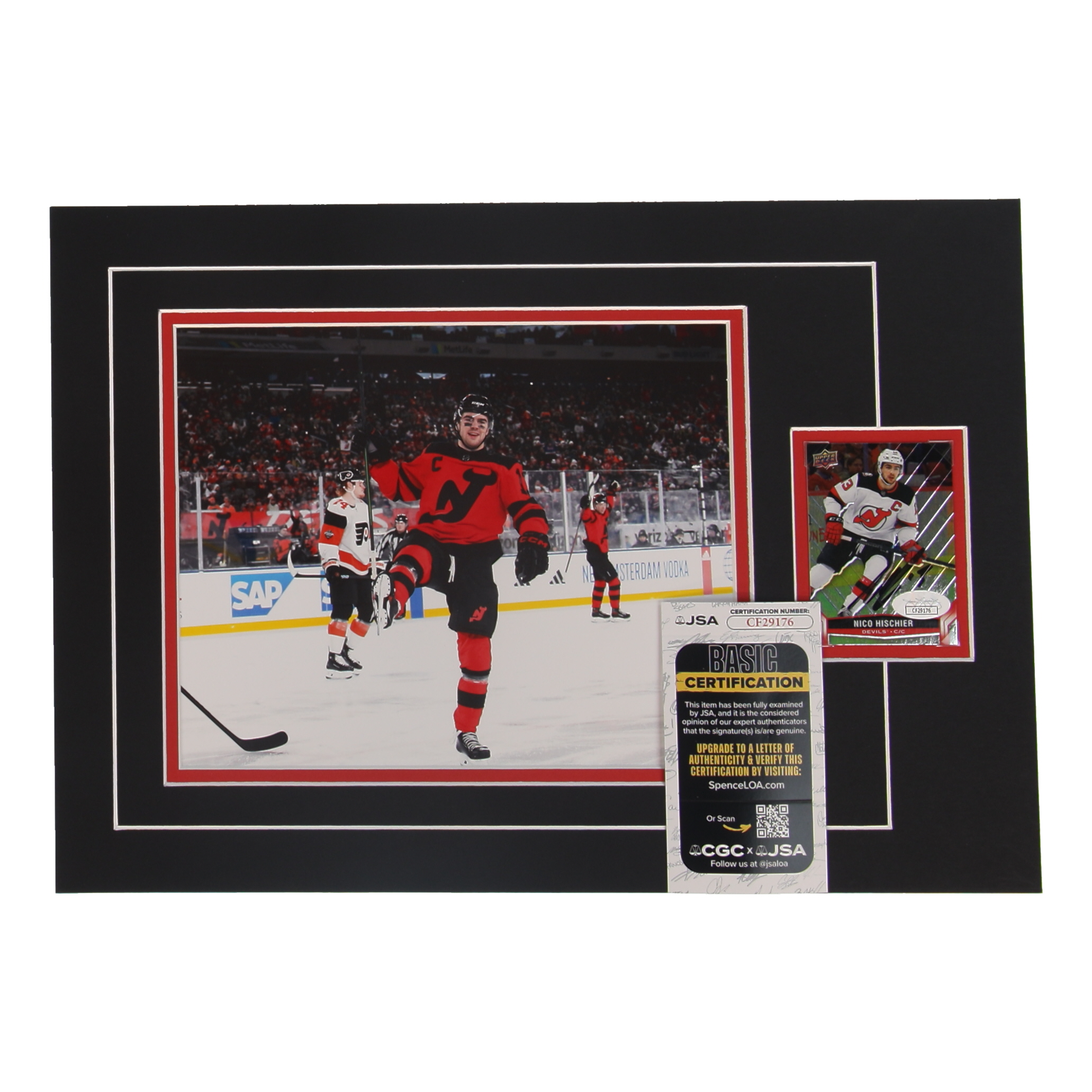 Nico Hischier Signed 12x17 Custom Matted Sports Card Display with Photo (JSA) at PristineAuction.com Nico Hischier Signed 12x17 Custom Matted Sports Card Display with Photo (JSA) at PristineAuction.com