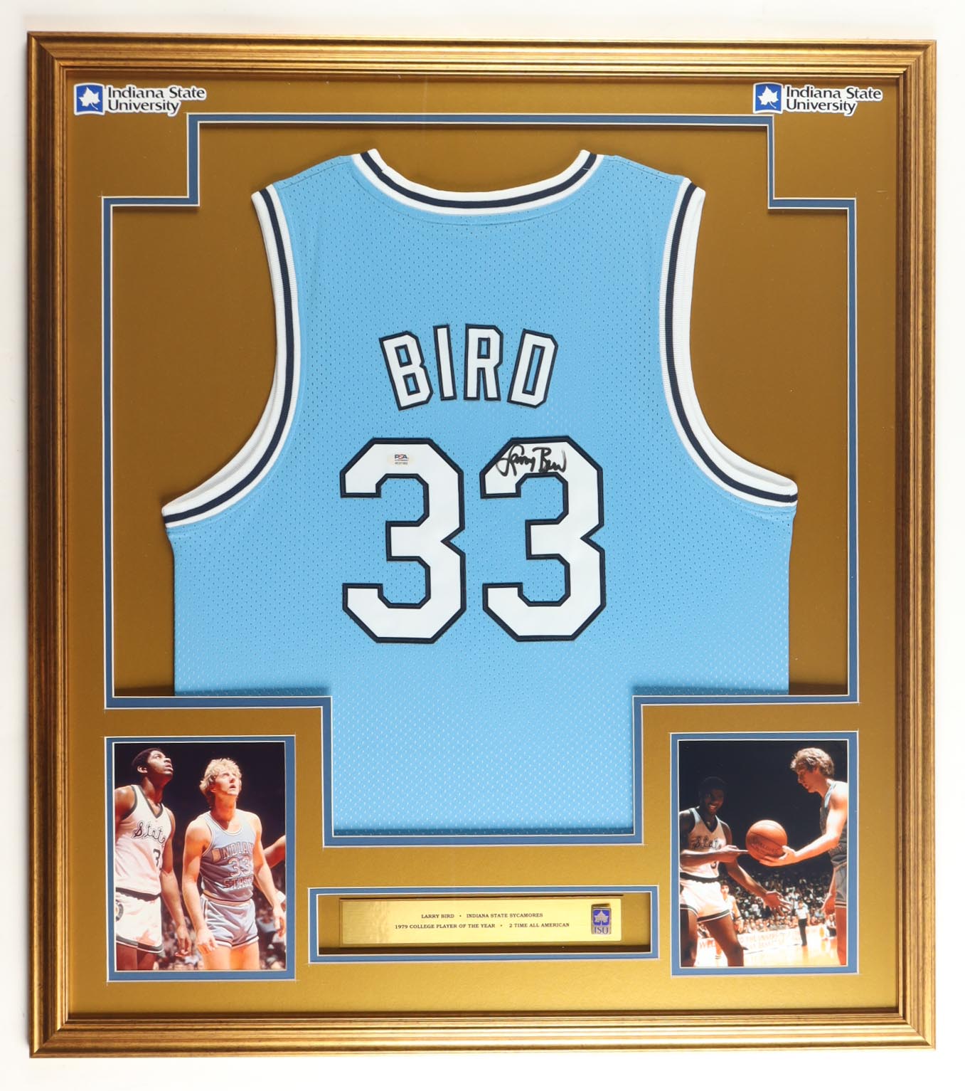 Larry Bird Signed Custom Framed Jersey Display with Sycamores Pin (PSA) at PristineAuction.com Larry Bird Signed Custom Framed Jersey Display with Sycamores Pin (PSA) at PristineAuction.com