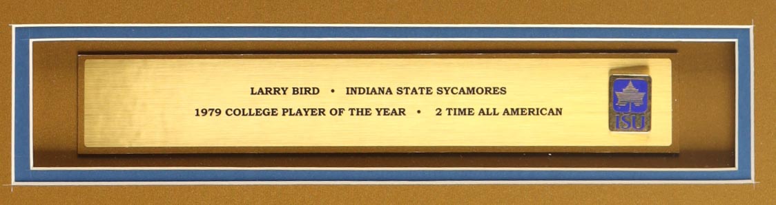 Larry Bird Signed Custom Framed Jersey Display with Sycamores Pin (PSA) at PristineAuction.com Larry Bird Signed Custom Framed Jersey Display with Sycamores Pin (PSA) at PristineAuction.com