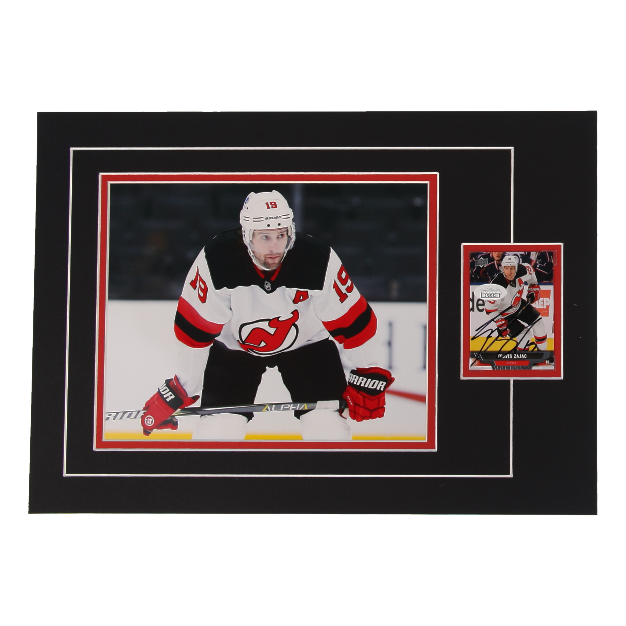 Travis Zajac Signed 12x17 Custom Matted Sports Card Display with Photo (JSA) at PristineAuction.com Travis Zajac Signed 12x17 Custom Matted Sports Card Display with Photo (JSA) at PristineAuction.com