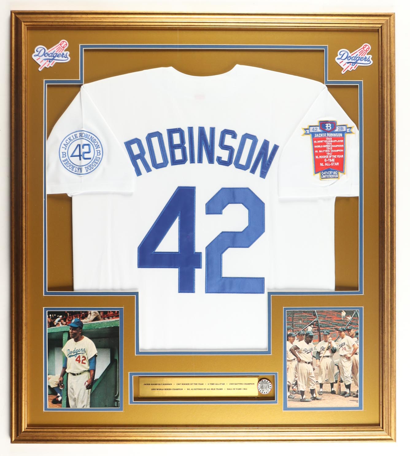 Jackie Robinson Custom Framed Jersey Display with Stat Plaque & Brooklyn Dodgers Pin at PristineAuction.com Jackie Robinson Custom Framed Jersey Display with Stat Plaque & Brooklyn Dodgers Pin at PristineAuction.com
