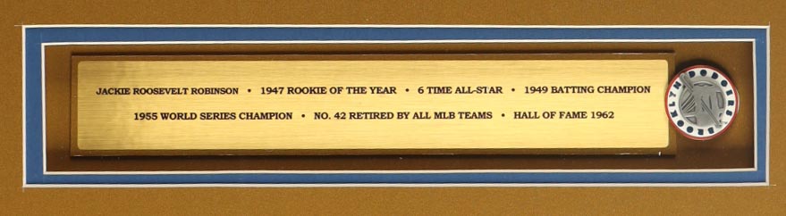 Jackie Robinson Custom Framed Jersey Display with Stat Plaque & Brooklyn Dodgers Pin at PristineAuction.com Jackie Robinson Custom Framed Jersey Display with Stat Plaque & Brooklyn Dodgers Pin at PristineAuction.com
