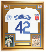 Jackie Robinson Custom Framed Jersey Display with Stat Plaque & Brooklyn Dodgers Pin at PristineAuction.com