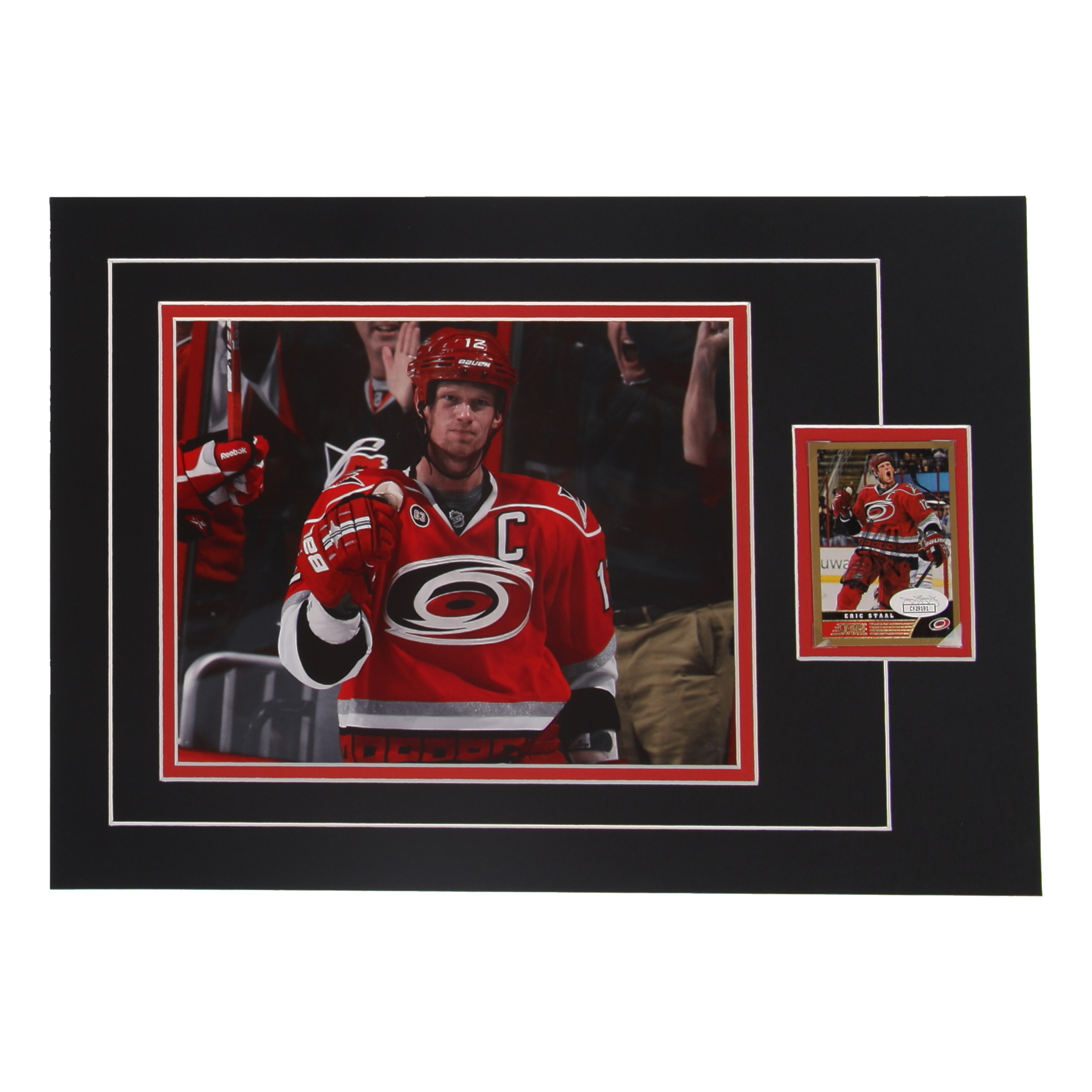 Eric Staal Signed 12x17 Custom Matted Sports Card Display with Photo (JSA) at PristineAuction.com Eric Staal Signed 12x17 Custom Matted Sports Card Display with Photo (JSA) at PristineAuction.com