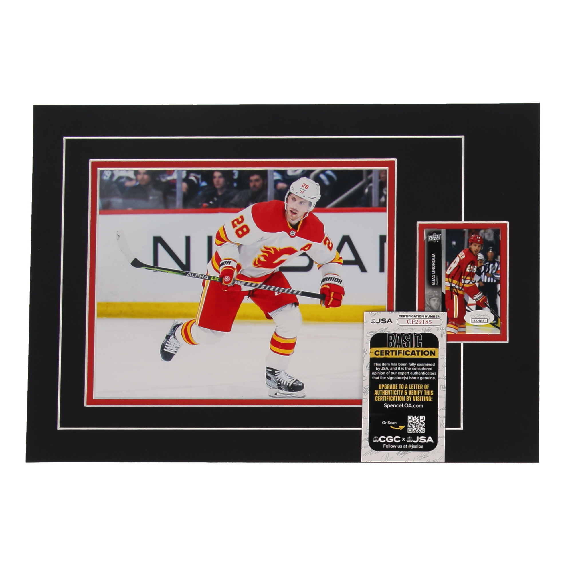 Elias Lindholm Signed 12x17 Custom Matted Sports Card Display with Photo (JSA) at PristineAuction.com Elias Lindholm Signed 12x17 Custom Matted Sports Card Display with Photo (JSA) at PristineAuction.com