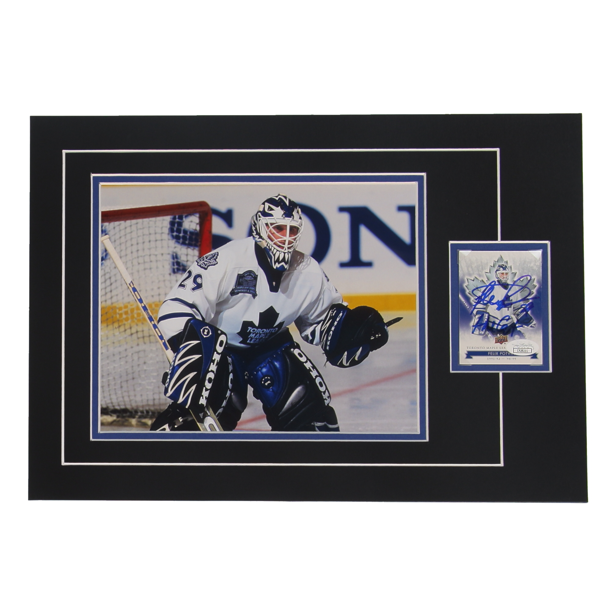 Felix "The Cat" Potvin Signed 12x17 Custom Matted Sports Card Display with Photo (JSA) at PristineAuction.com Felix "The Cat" Potvin Signed 12x17 Custom Matted Sports Card Display with Photo (JSA) at PristineAuction.com