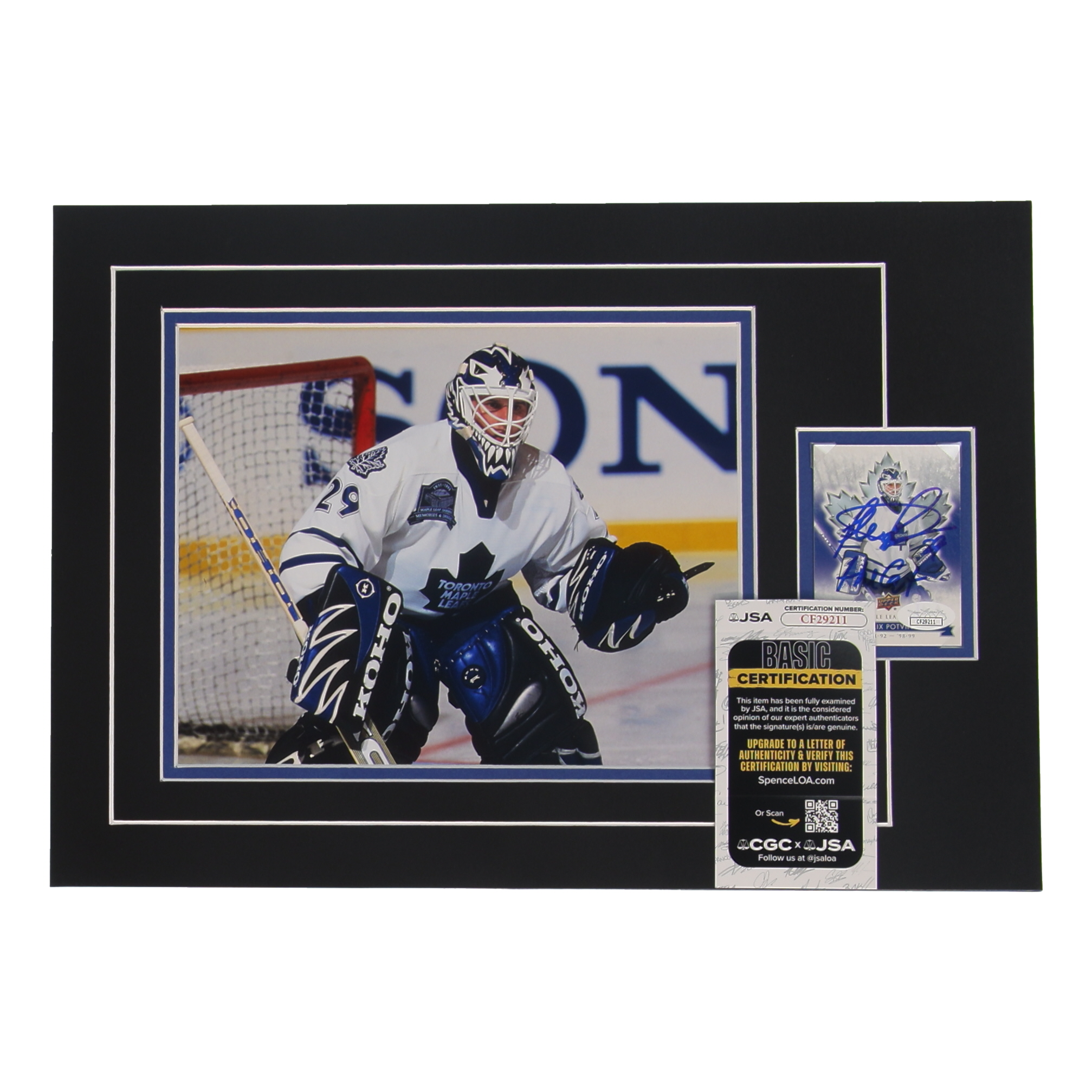 Felix "The Cat" Potvin Signed 12x17 Custom Matted Sports Card Display with Photo (JSA) at PristineAuction.com Felix "The Cat" Potvin Signed 12x17 Custom Matted Sports Card Display with Photo (JSA) at PristineAuction.com