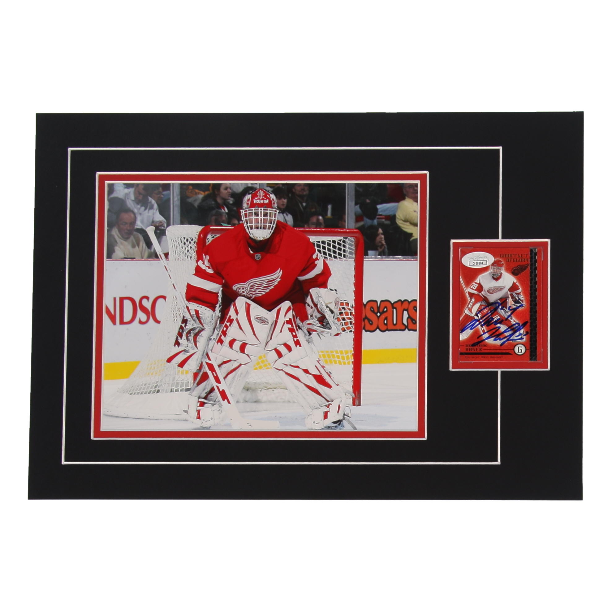 Dominik Hasek Signed 12x17 Custom Matted Sports Card Display with Photo (JSA) at PristineAuction.com Dominik Hasek Signed 12x17 Custom Matted Sports Card Display with Photo (JSA) at PristineAuction.com