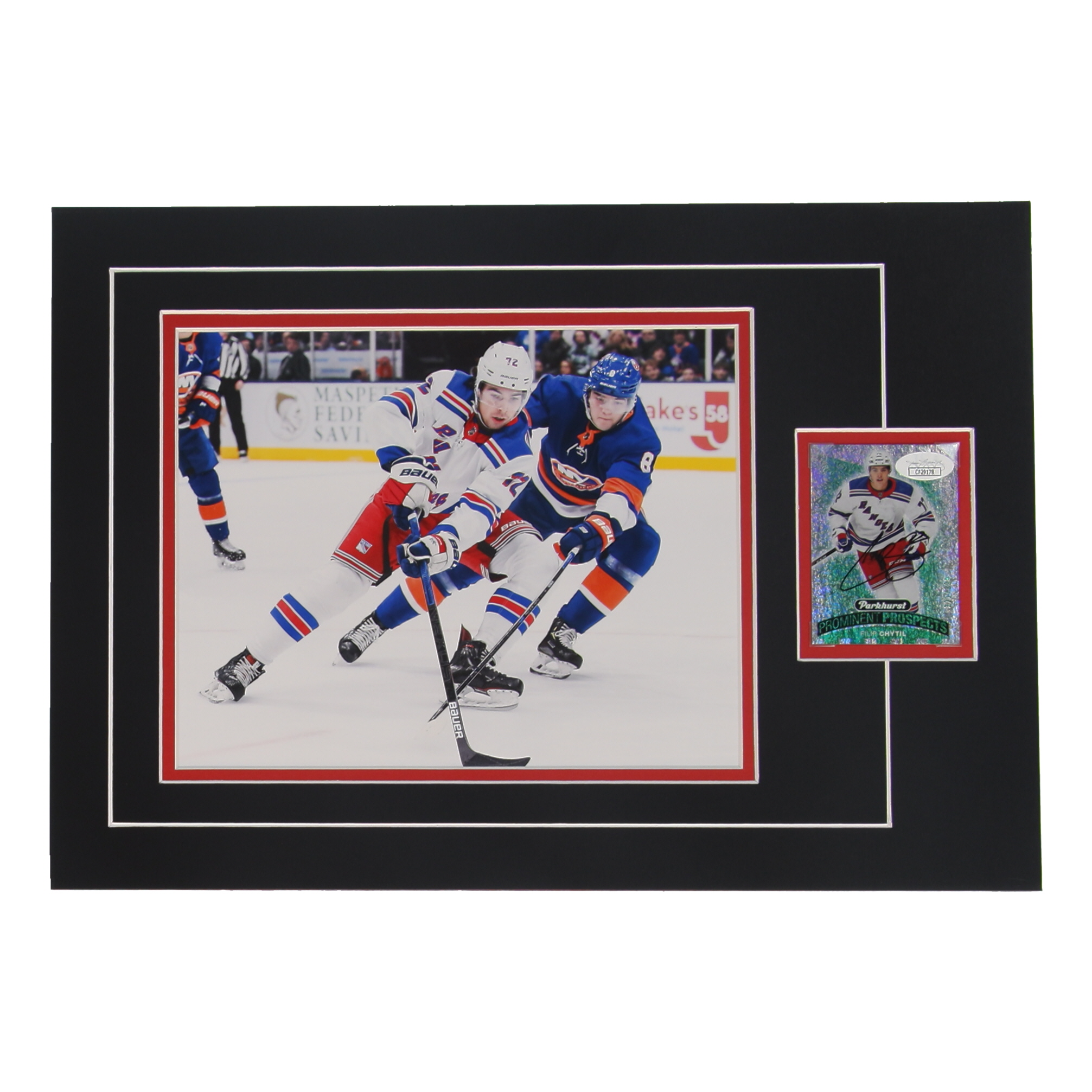 Filip Chytil Signed 12x17 Custom Matted Sports Card #321/399 Display with Photo (JSA) at PristineAuction.com Filip Chytil Signed 12x17 Custom Matted Sports Card #321/399 Display with Photo (JSA) at PristineAuction.com