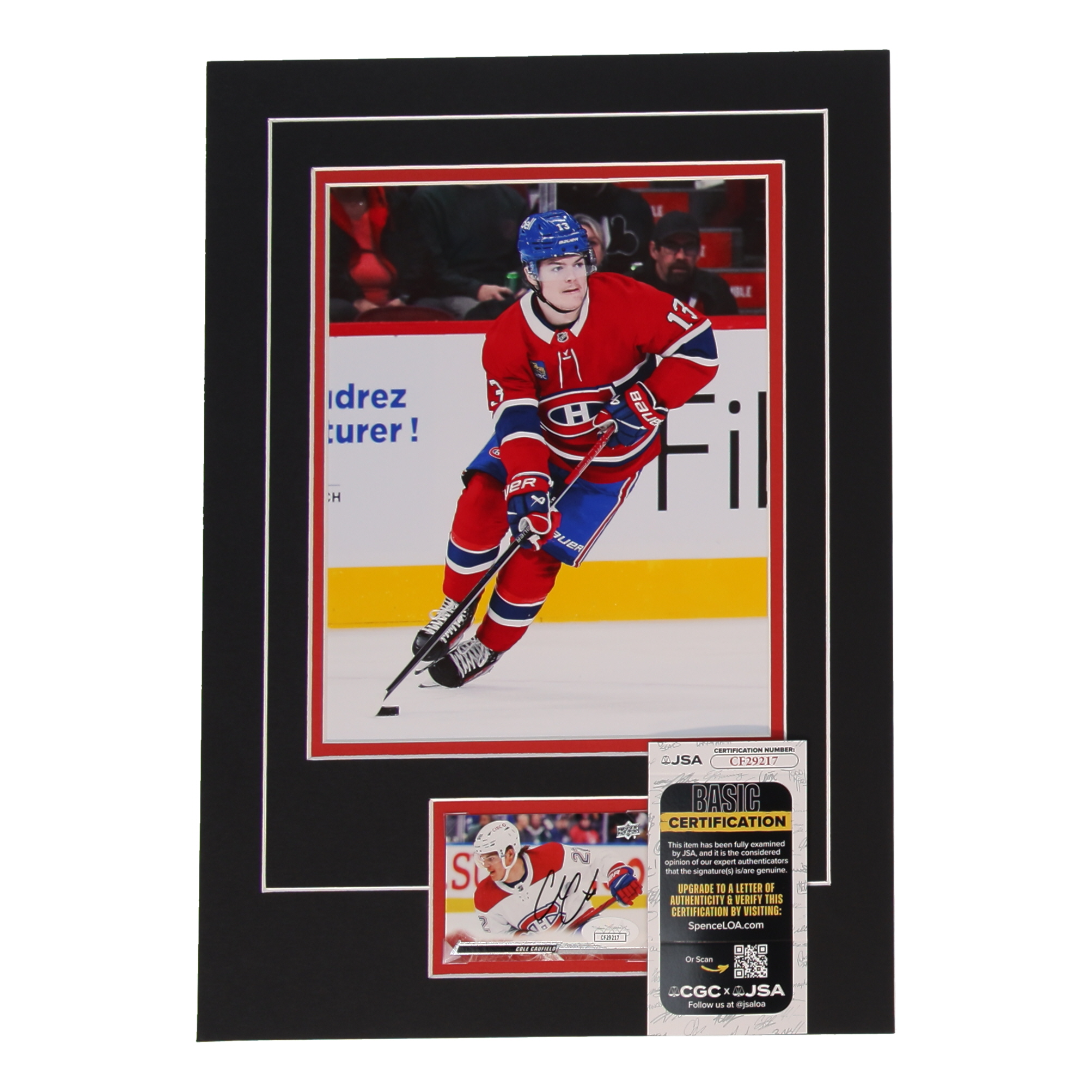 Cole Caufield Signed 12x17 Custom Matted Sports Card Display with Photo (JSA) at PristineAuction.com Cole Caufield Signed 12x17 Custom Matted Sports Card Display with Photo (JSA) at PristineAuction.com