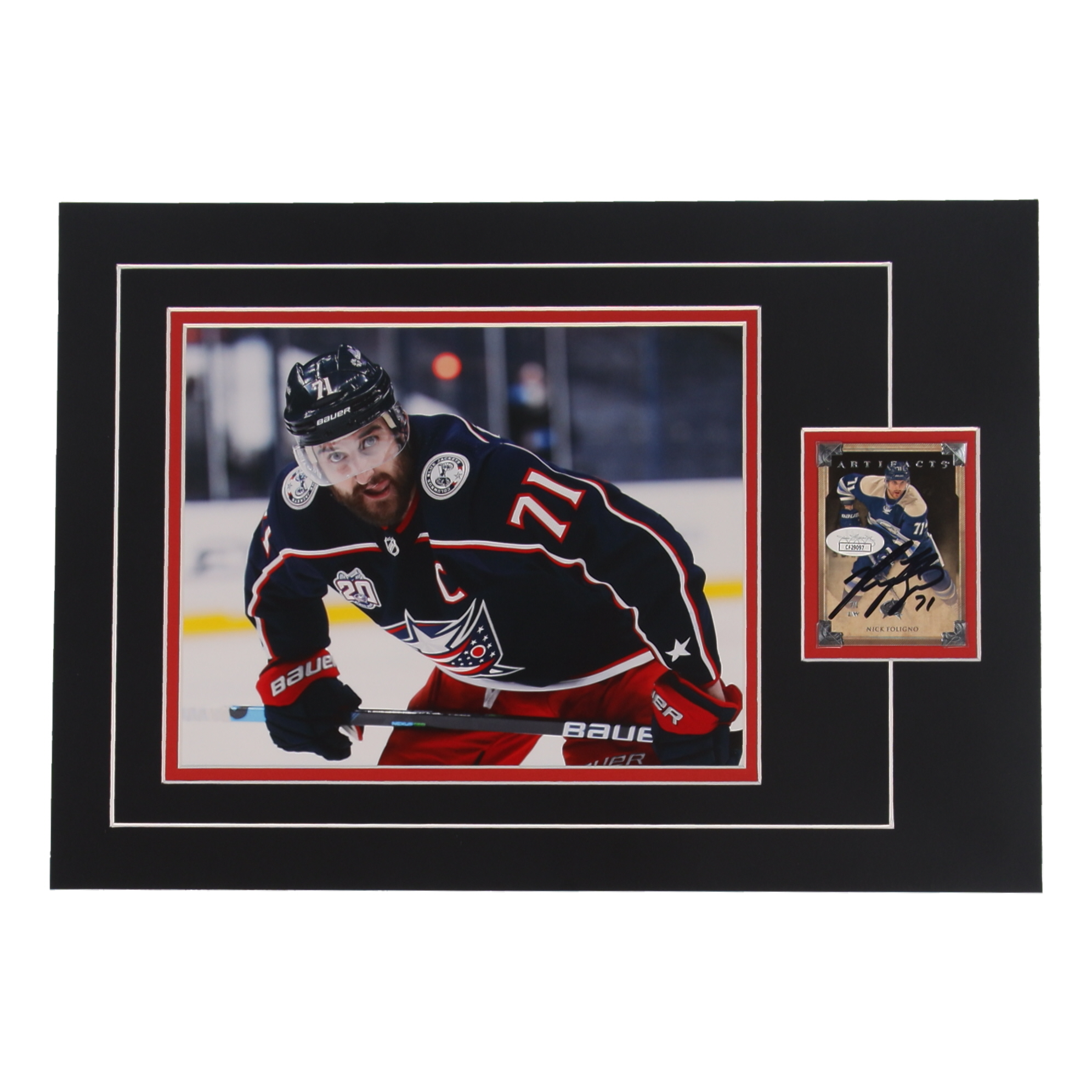 Nick Foligno Signed 12x17 Custom Matted Sports Card Display with Photo (JSA) at PristineAuction.com Nick Foligno Signed 12x17 Custom Matted Sports Card Display with Photo (JSA) at PristineAuction.com