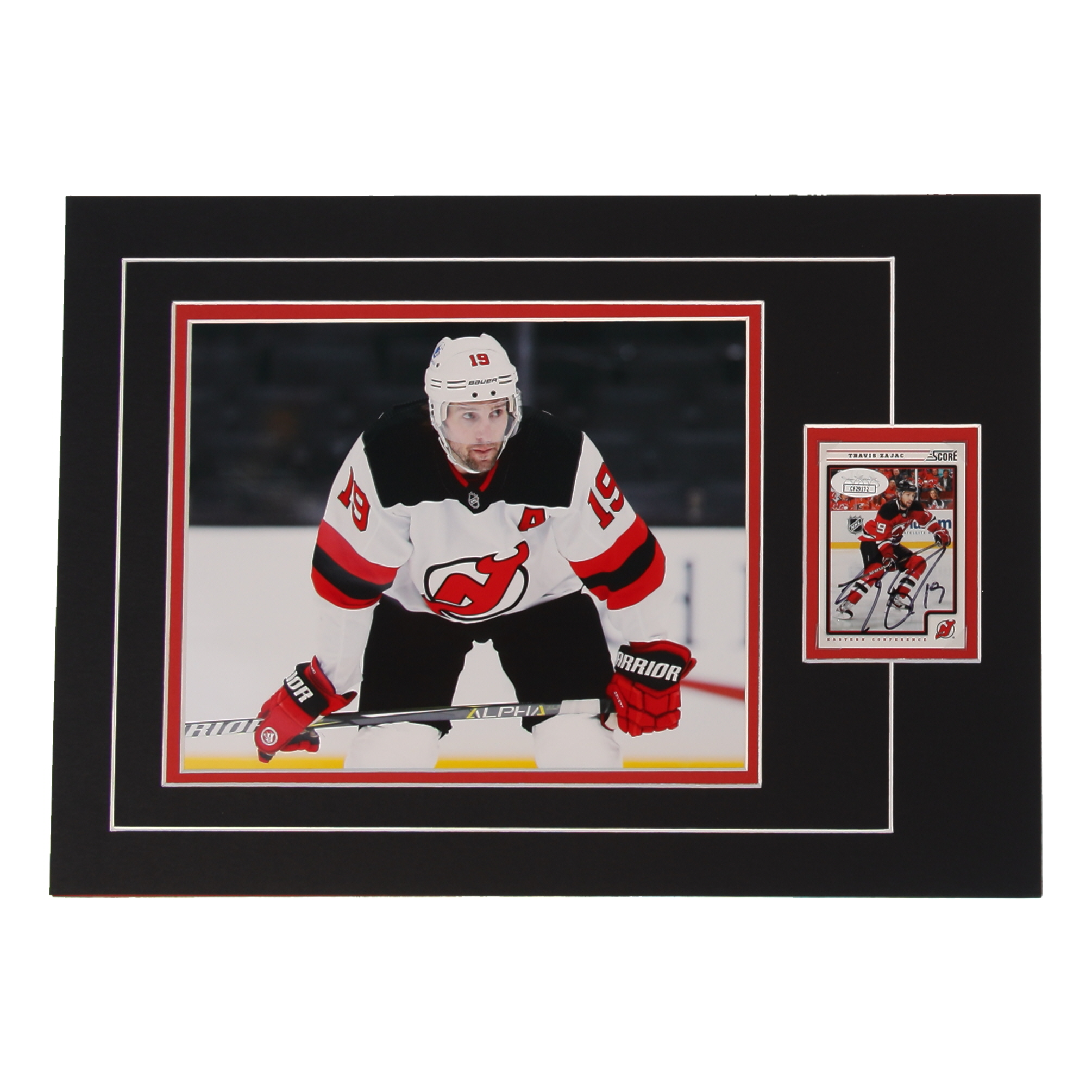 Travis Zajac Signed 12x17 Custom Matted Sports Card Display with Photo (JSA) at PristineAuction.com Travis Zajac Signed 12x17 Custom Matted Sports Card Display with Photo (JSA) at PristineAuction.com