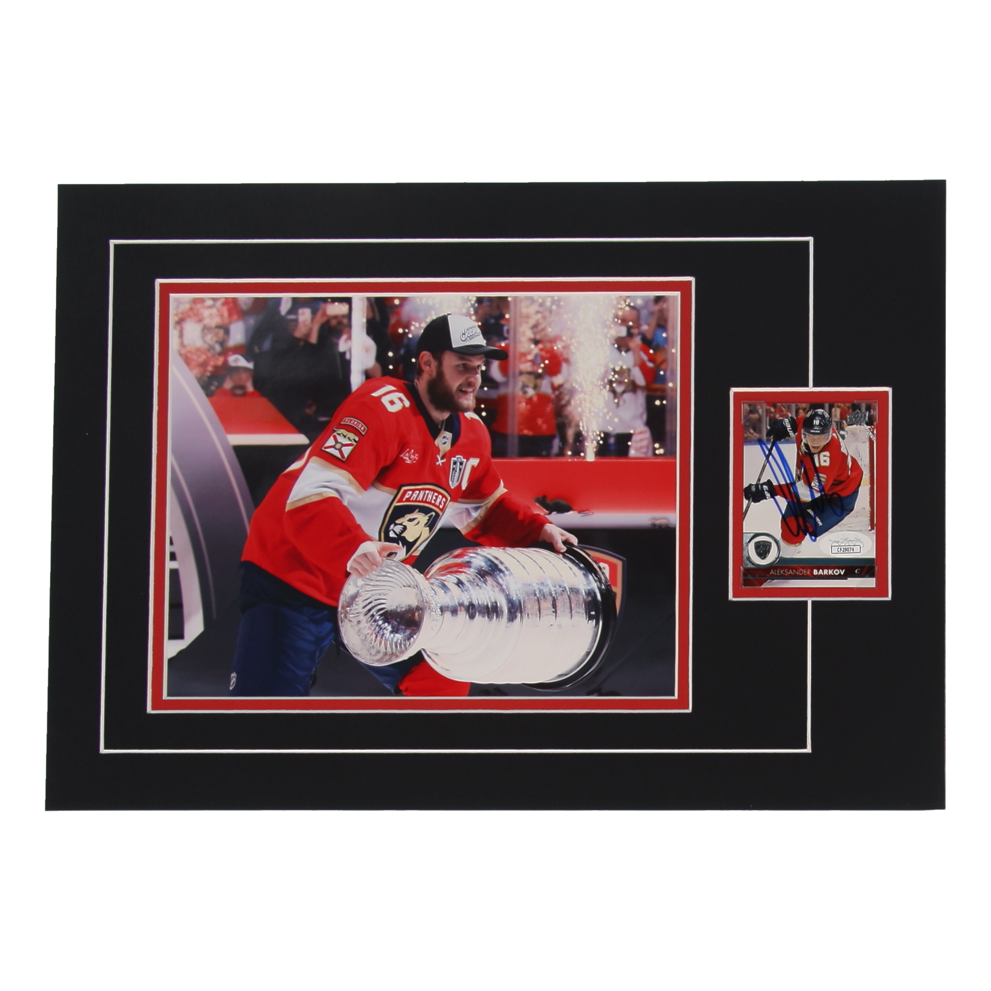 Aleksander Barkov Signed 12x17 Custom Matted Sports Card Display with Photo (JSA) at PristineAuction.com Aleksander Barkov Signed 12x17 Custom Matted Sports Card Display with Photo (JSA) at PristineAuction.com