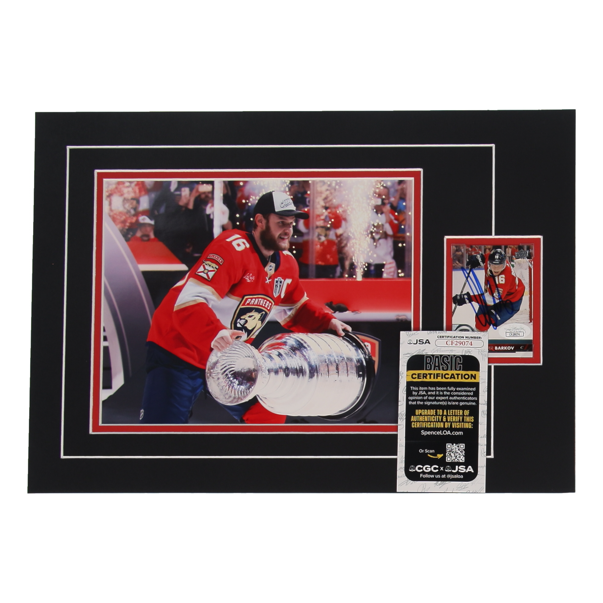 Aleksander Barkov Signed 12x17 Custom Matted Sports Card Display with Photo (JSA) at PristineAuction.com Aleksander Barkov Signed 12x17 Custom Matted Sports Card Display with Photo (JSA) at PristineAuction.com