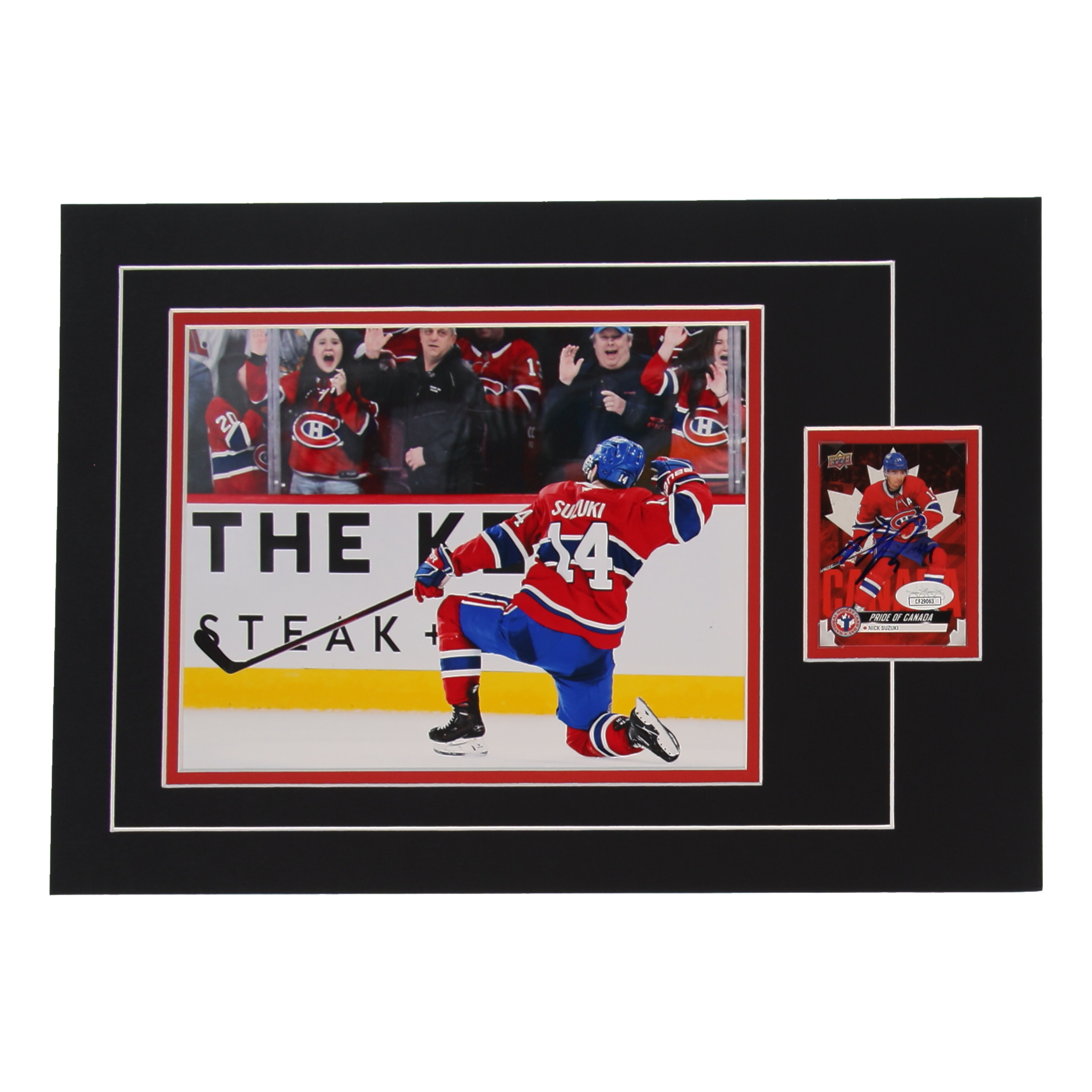 Nick Suzuki Signed 12x17 Custom Matted Sports Card Display with Photo (JSA) at PristineAuction.com Nick Suzuki Signed 12x17 Custom Matted Sports Card Display with Photo (JSA) at PristineAuction.com