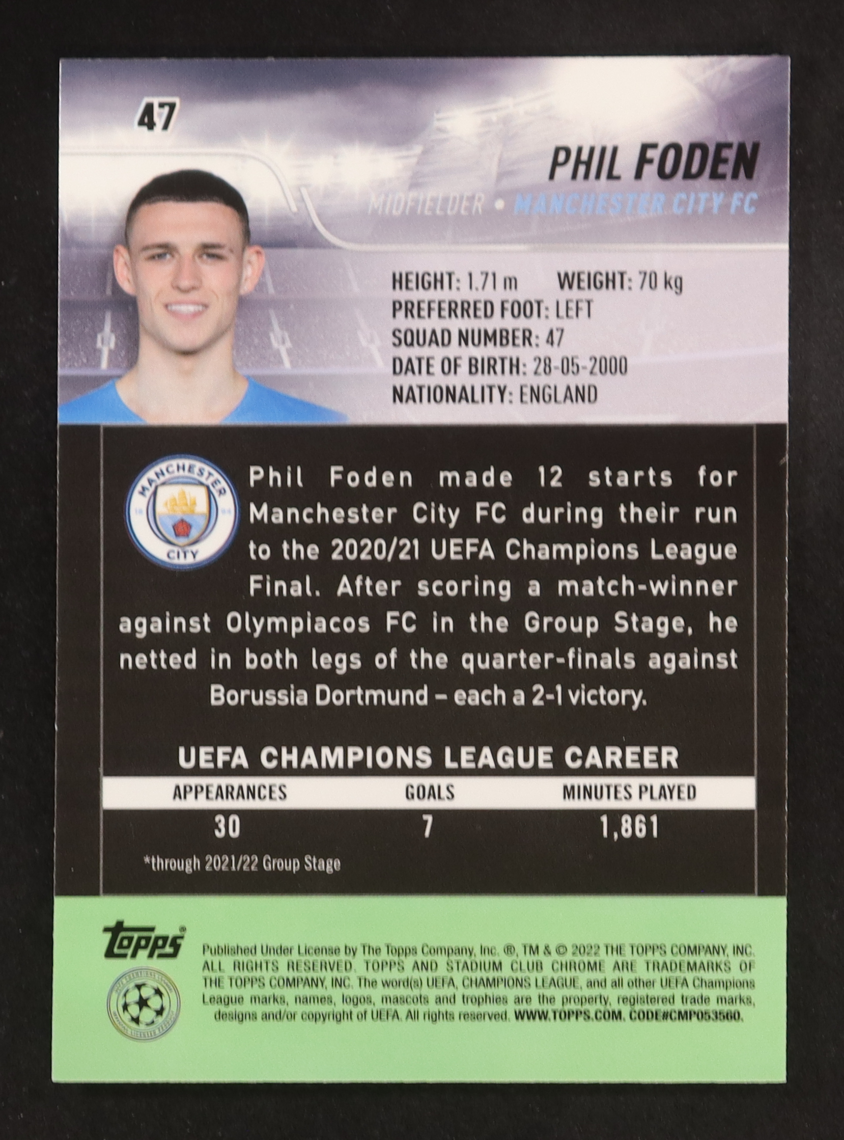 Phil Foden 2021-22 Stadium Club Chrome UEFA Champions League #47 at PristineAuction.com Phil Foden 2021-22 Stadium Club Chrome UEFA Champions League #47 at PristineAuction.com