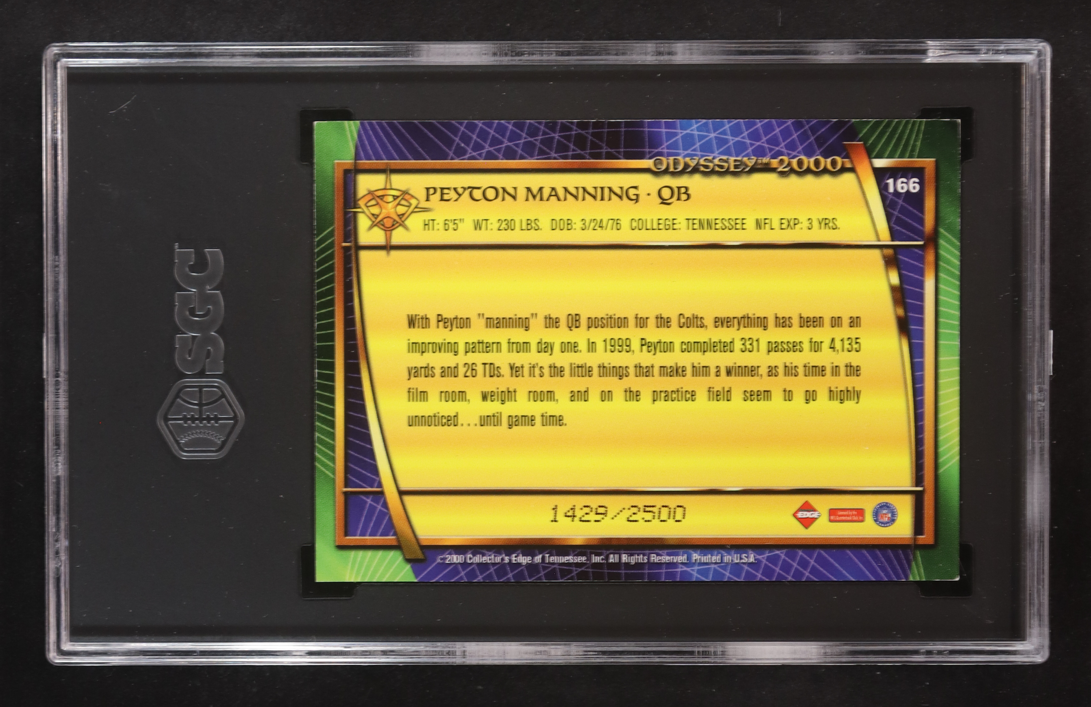 Peyton Manning 2000 Collector's Edge Odyssey #166 #1429/2500 (SGC 9) at PristineAuction.com Peyton Manning 2000 Collector's Edge Odyssey #166 #1429/2500 (SGC 9) at PristineAuction.com