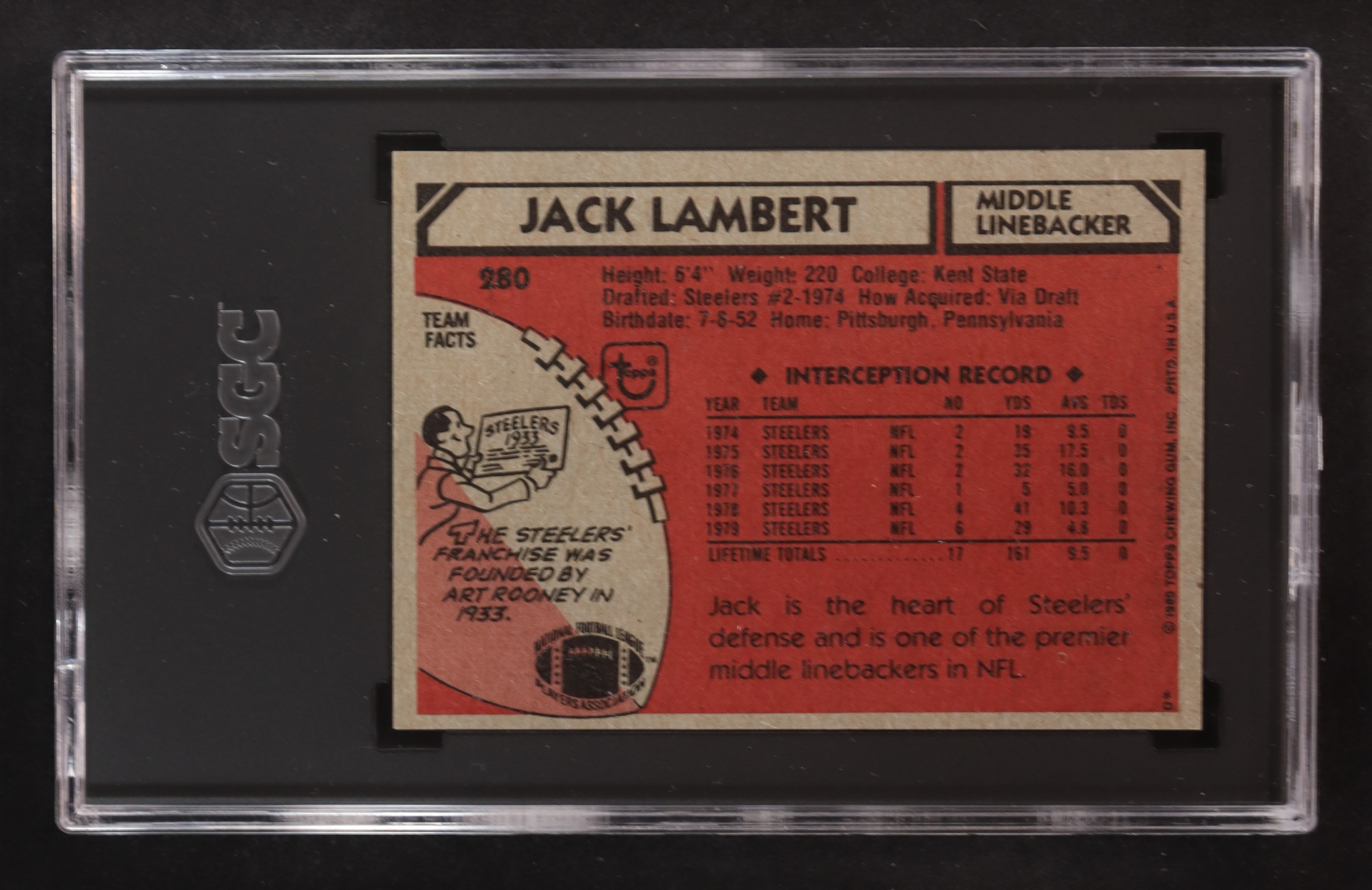 Jack Lambert 1980 Topps #280 (SGC 9) at PristineAuction.com Jack Lambert 1980 Topps #280 (SGC 9) at PristineAuction.com