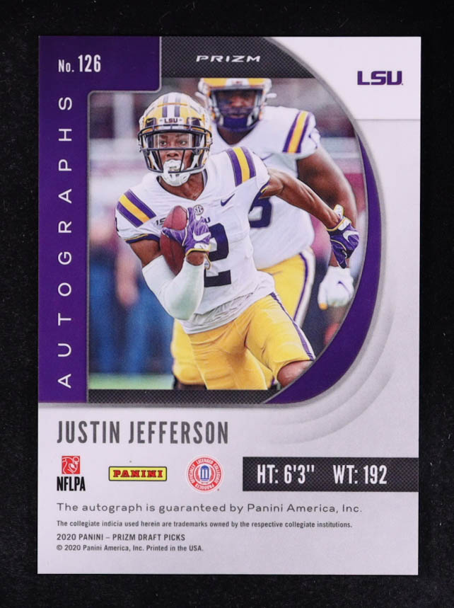 Justin Jefferson 2020 Panini Prizm Draft Picks Autograph Prizms Green #126 RC at PristineAuction.com Justin Jefferson 2020 Panini Prizm Draft Picks Autograph Prizms Green #126 RC at PristineAuction.com