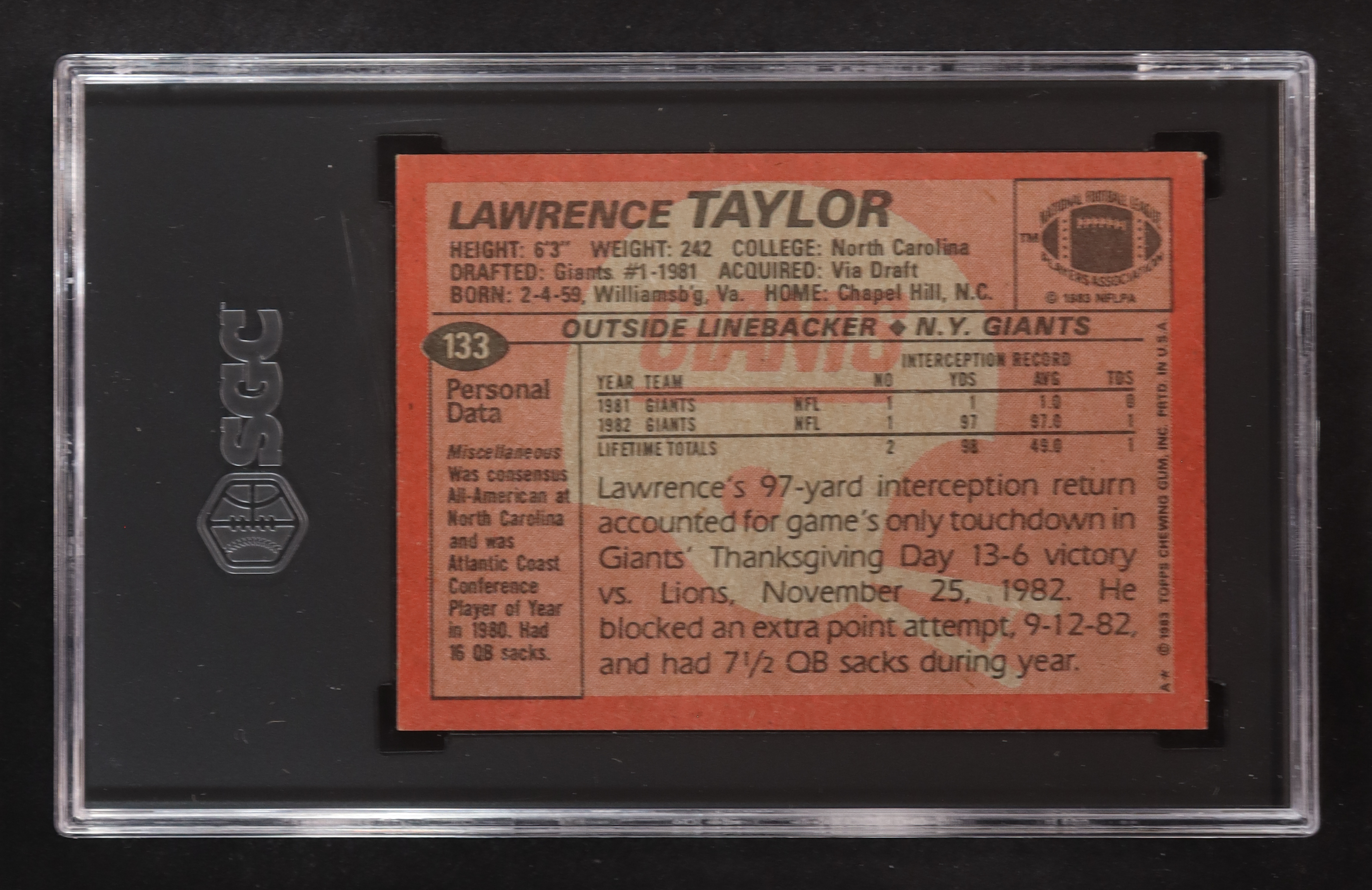 Lawrence Taylor 1983 Topps #133 (SGC 9) at PristineAuction.com Lawrence Taylor 1983 Topps #133 (SGC 9) at PristineAuction.com