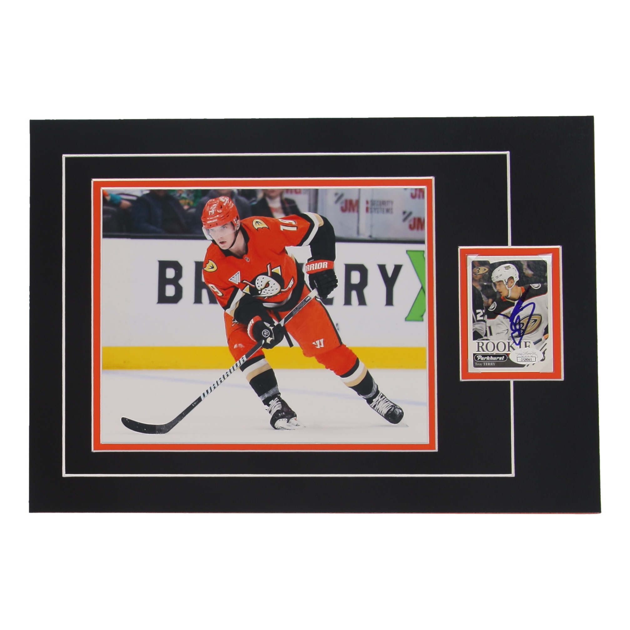 Troy Terry Signed 12x17 Custom Matted Sports Card RC Display with Photo (JSA) at PristineAuction.com Troy Terry Signed 12x17 Custom Matted Sports Card RC Display with Photo (JSA) at PristineAuction.com