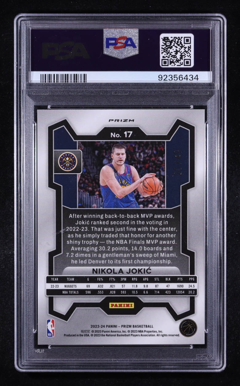 Nikola Jokic 2023-24 Panini Prizm Prizms Choice Blue #17 #20/49 (PSA 9) at PristineAuction.com Nikola Jokic 2023-24 Panini Prizm Prizms Choice Blue #17 #20/49 (PSA 9) at PristineAuction.com