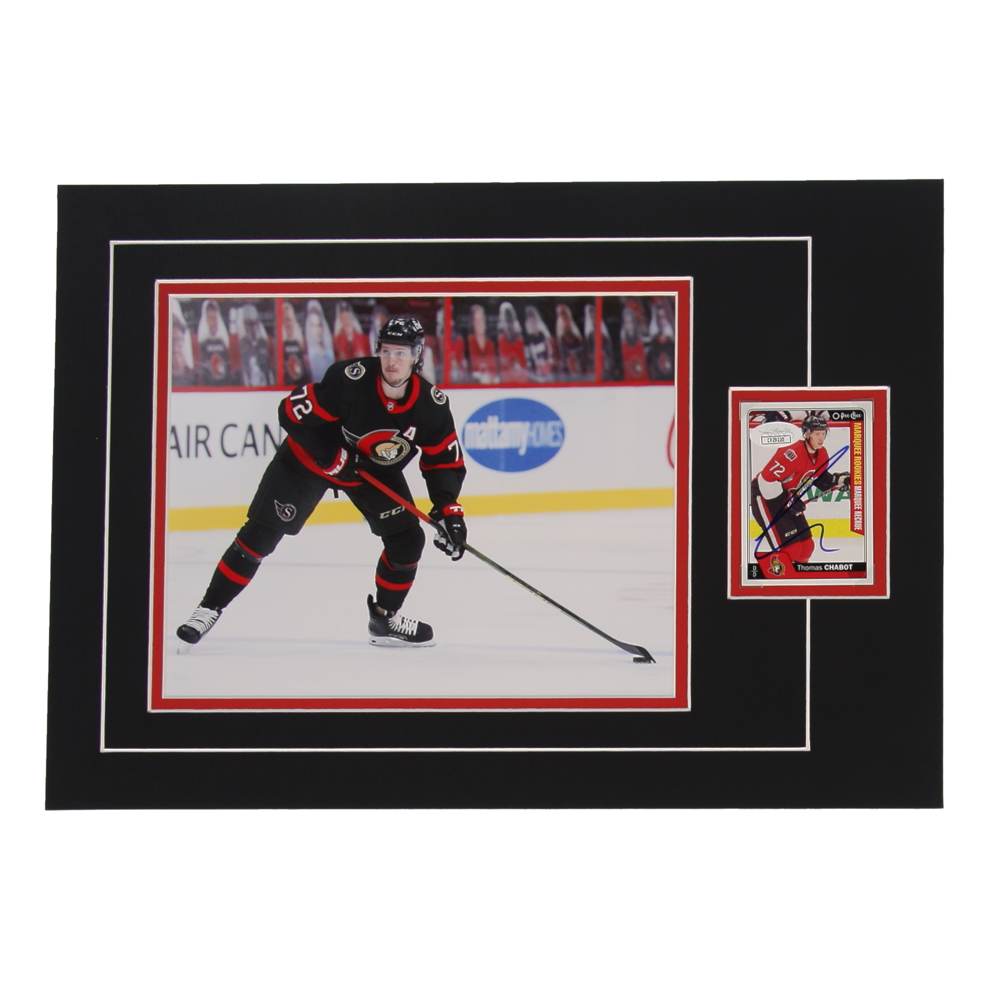 Thomas Chabot Signed 12x17 Custom Matted Sports Card RC Display with Photo (JSA) at PristineAuction.com Thomas Chabot Signed 12x17 Custom Matted Sports Card RC Display with Photo (JSA) at PristineAuction.com