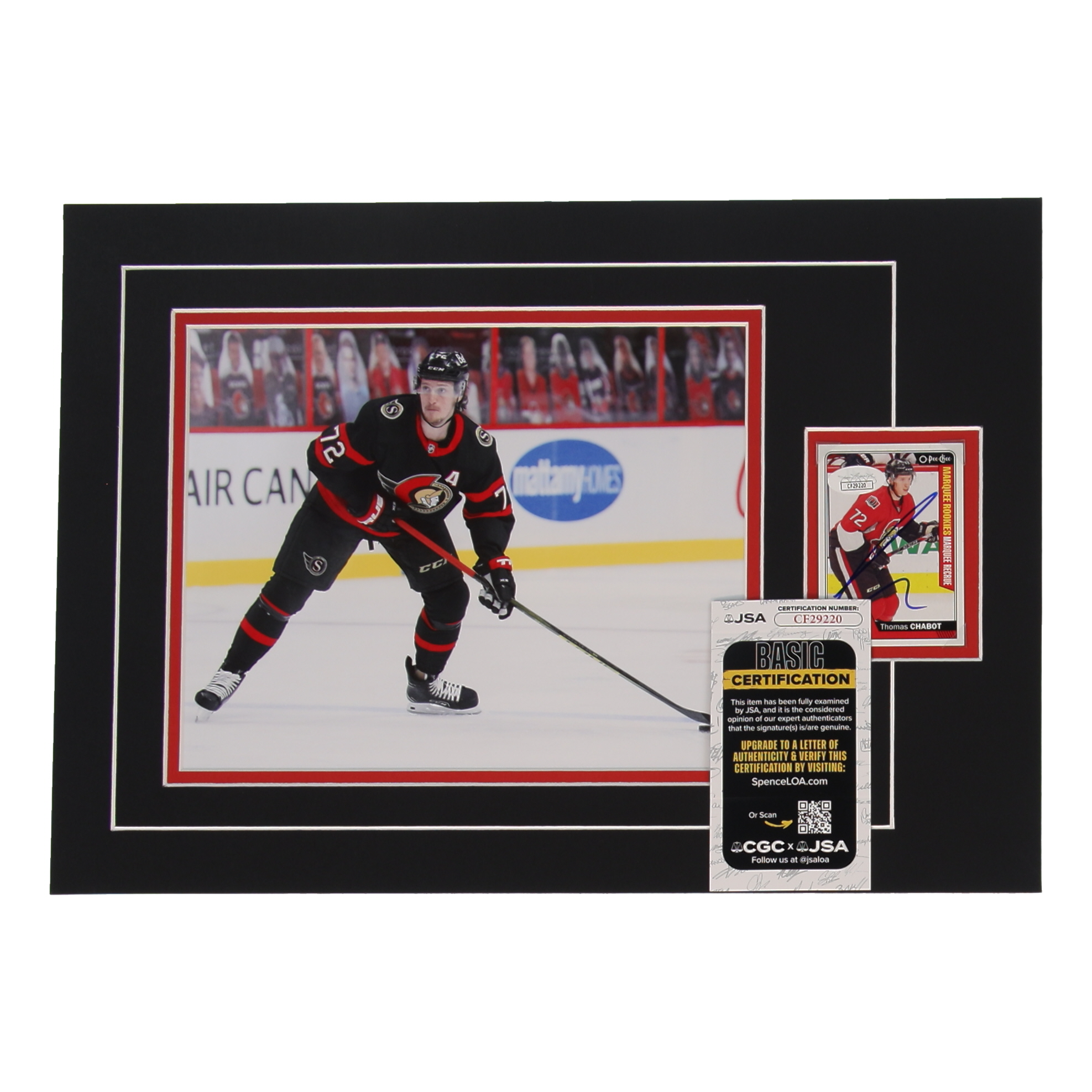 Thomas Chabot Signed 12x17 Custom Matted Sports Card RC Display with Photo (JSA) at PristineAuction.com Thomas Chabot Signed 12x17 Custom Matted Sports Card RC Display with Photo (JSA) at PristineAuction.com