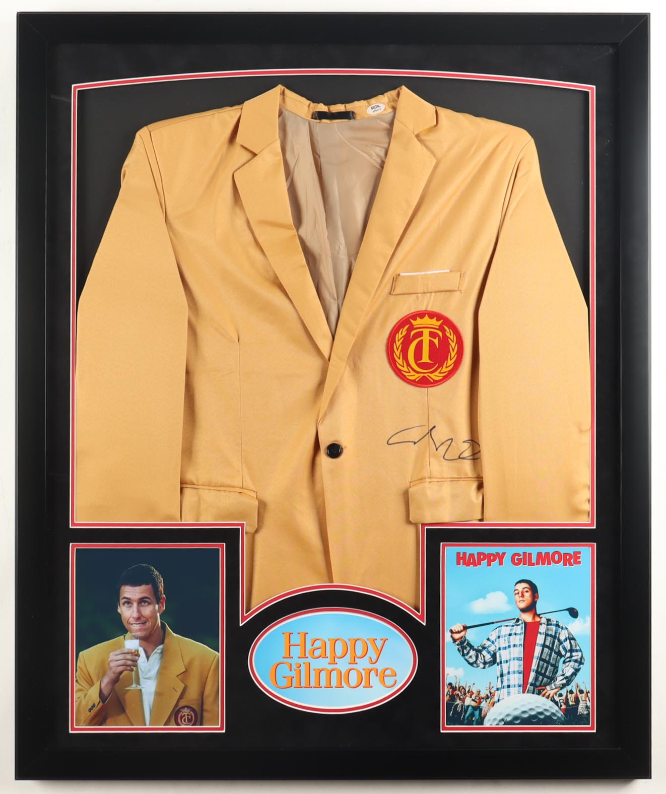 Adam Sandler Signed Custom Framed Tour Championship Gold Jacket Display with Photos (PSA) at PristineAuction.com Adam Sandler Signed Custom Framed Tour Championship Gold Jacket Display with Photos (PSA) at PristineAuction.com