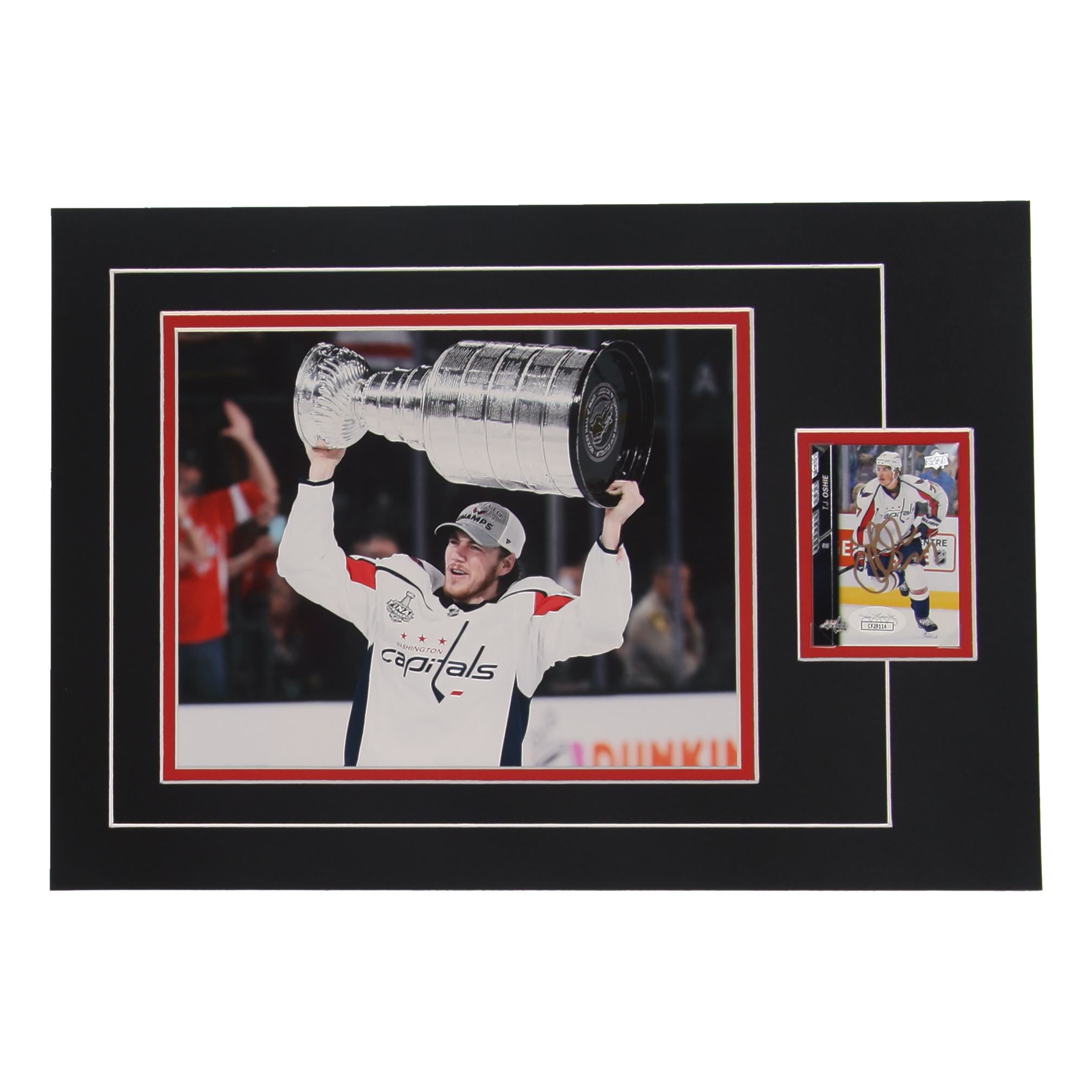 T.J. Oshie Signed 12x17 Custom Matted Sports Card Display with Photo (JSA) at PristineAuction.com T.J. Oshie Signed 12x17 Custom Matted Sports Card Display with Photo (JSA) at PristineAuction.com