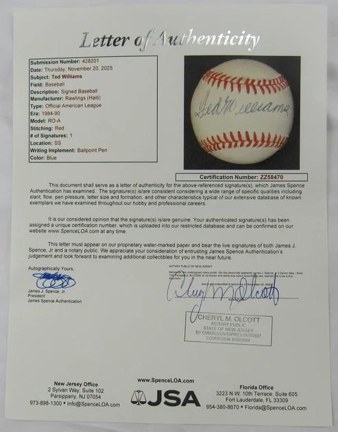Ted Williams Signed OAL Baseball (JSA) at PristineAuction.com Ted Williams Signed OAL Baseball (JSA) at PristineAuction.com