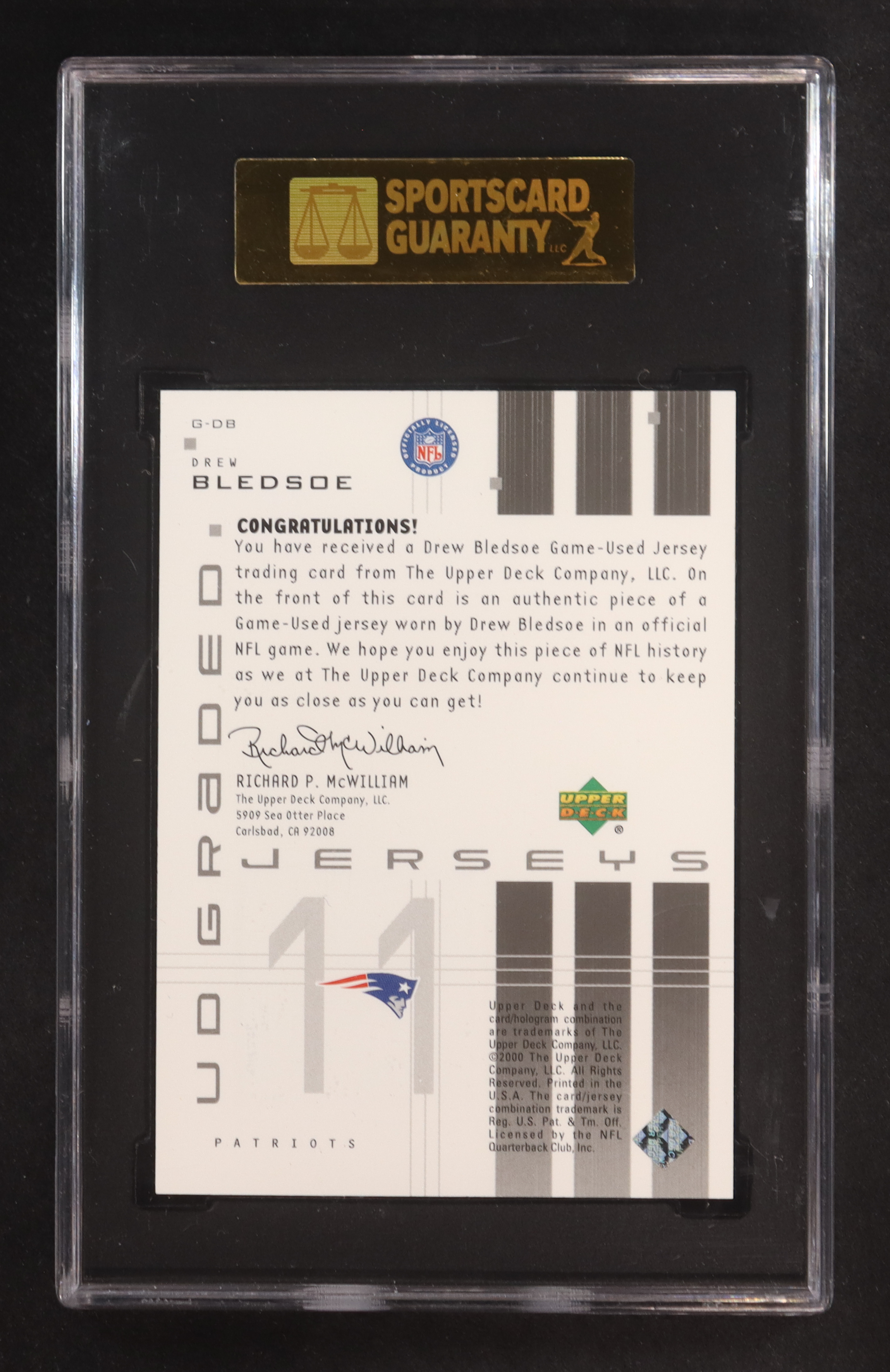 Drew Bledsoe 2000 Upper Deck Graded Jersey #G-DB (SGC 8.5) at PristineAuction.com Drew Bledsoe 2000 Upper Deck Graded Jersey #G-DB (SGC 8.5) at PristineAuction.com
