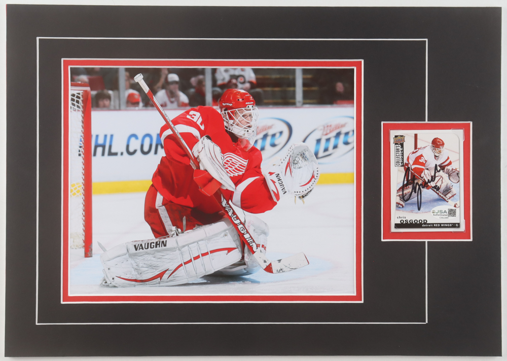 Chris Osgood Signed Red Wings Sports Card Custom Lithograph Display with Photo (JSA) at PristineAuction.com Chris Osgood Signed Red Wings Sports Card Custom Lithograph Display with Photo (JSA) at PristineAuction.com
