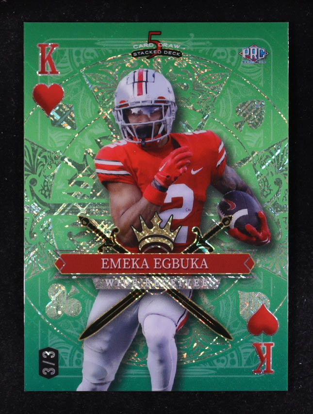 Emeka Egbuka 2024 Wild Card 5 Card Draw Stacked Deck King Of Hearts Green Cross Hatch Foil #SDPH-EEN #3/3 RC at PristineAuction.com Emeka Egbuka 2024 Wild Card 5 Card Draw Stacked Deck King Of Hearts Green Cross Hatch Foil #SDPH-EEN #3/3 RC at PristineAuction.com