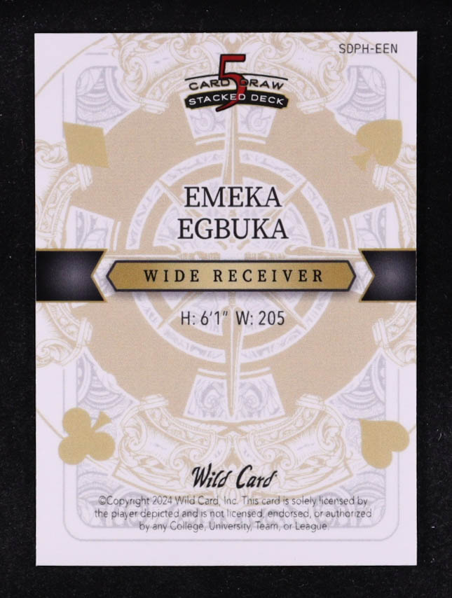 Emeka Egbuka 2024 Wild Card 5 Card Draw Stacked Deck King Of Hearts Green Cross Hatch Foil #SDPH-EEN #3/3 RC at PristineAuction.com Emeka Egbuka 2024 Wild Card 5 Card Draw Stacked Deck King Of Hearts Green Cross Hatch Foil #SDPH-EEN #3/3 RC at PristineAuction.com
