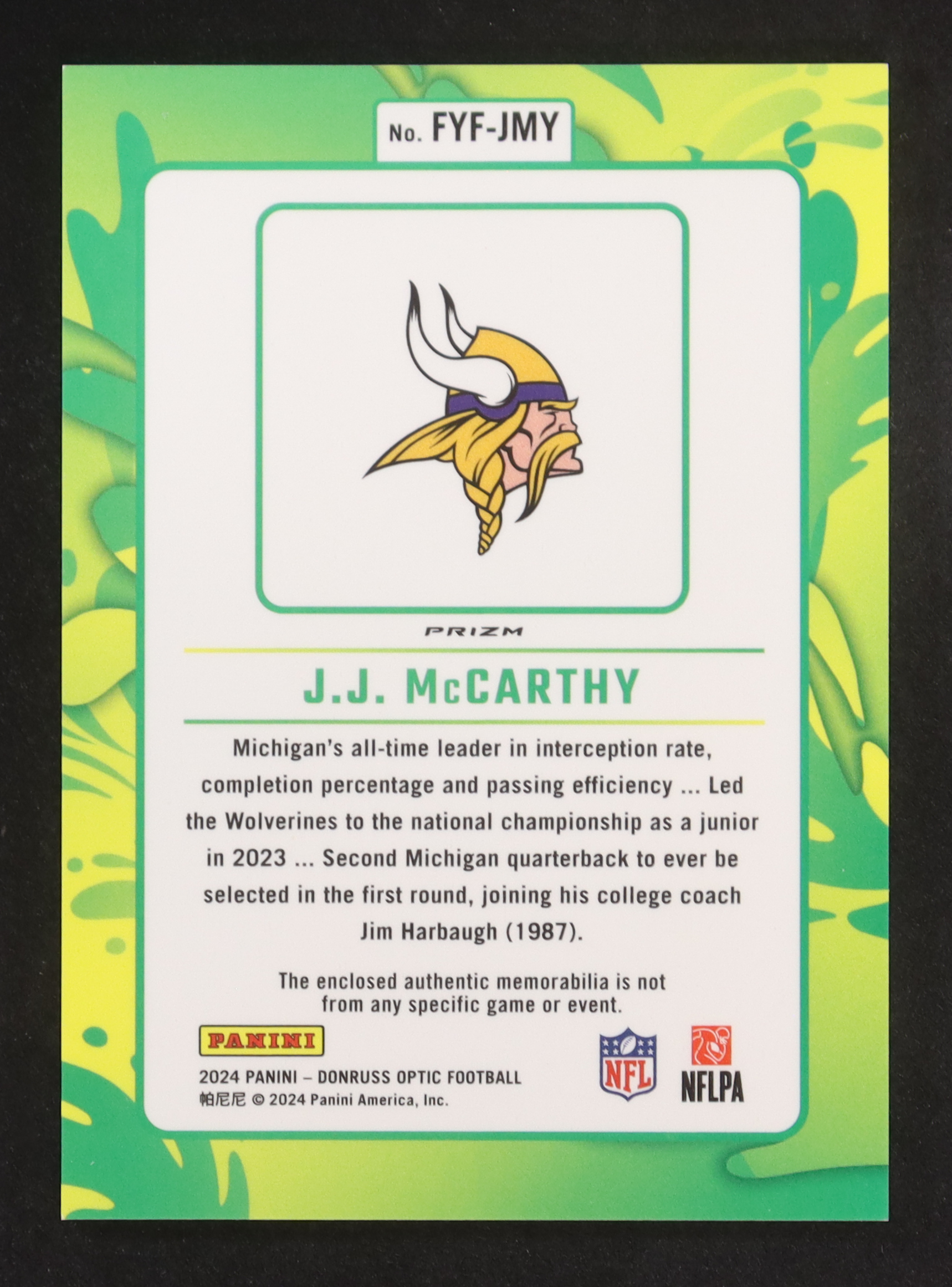 JJ McCarthy 2024 Donruss Optic First Year Fresh Jerseys Blue Hyper #13 RC at PristineAuction.com JJ McCarthy 2024 Donruss Optic First Year Fresh Jerseys Blue Hyper #13 RC at PristineAuction.com