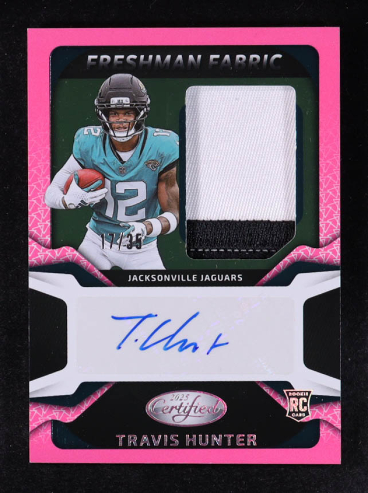 Travis Hunter 2025 Certified Freshman Fabric Mirror Signatures Pink Etch #6 RC #17/35