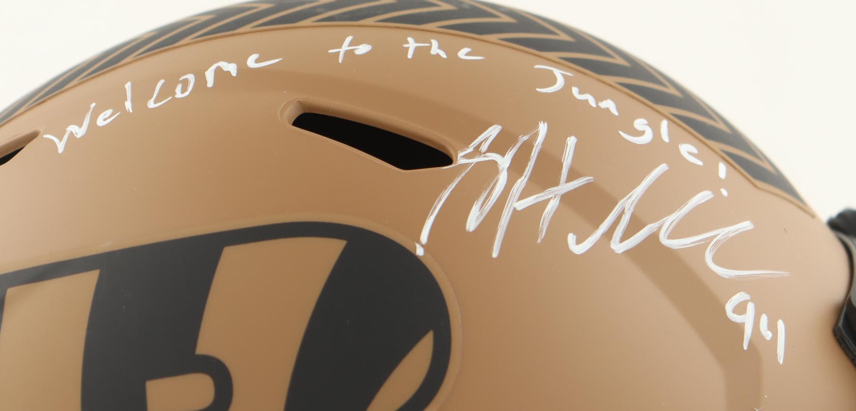 Sam Hubbard Signed Bengals Full-Size Salute To Service Alternate Speed Helmet Inscribed "Welcome To The Jungle" (Beckett) at PristineAuction.com Sam Hubbard Signed Bengals Full-Size Salute To Service Alternate Speed Helmet Inscribed "Welcome To The Jungle" (Beckett) at PristineAuction.com