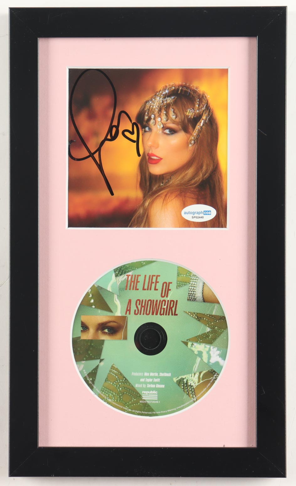 Taylor Swift Signed Custom Framed "The Life of a Showgirl" CD Insert Display with Disc (ACOA) at PristineAuction.com Taylor Swift Signed Custom Framed "The Life of a Showgirl" CD Insert Display with Disc (ACOA) at PristineAuction.com