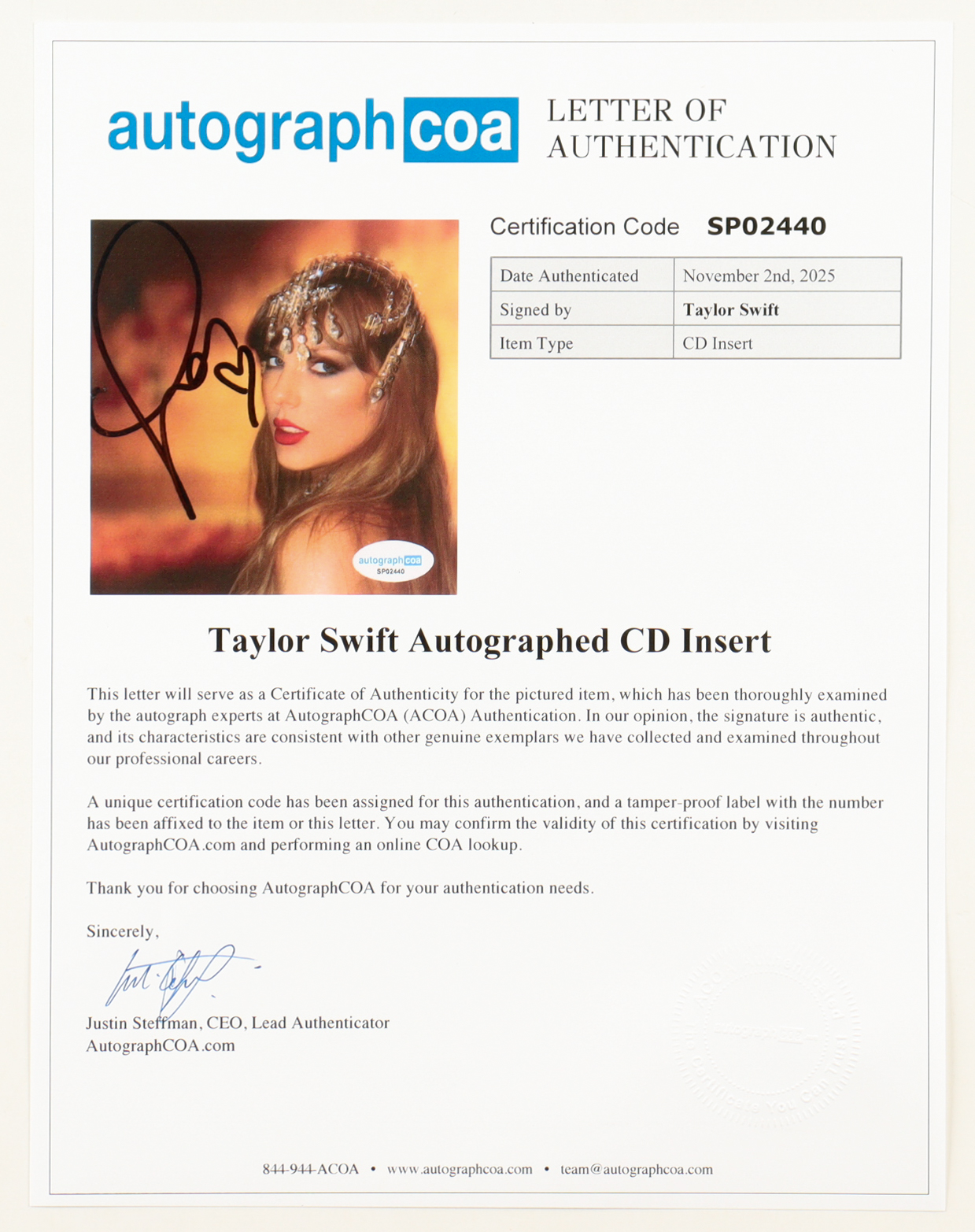 Taylor Swift Signed Custom Framed "The Life of a Showgirl" CD Insert Display with Disc (ACOA) at PristineAuction.com Taylor Swift Signed Custom Framed "The Life of a Showgirl" CD Insert Display with Disc (ACOA) at PristineAuction.com