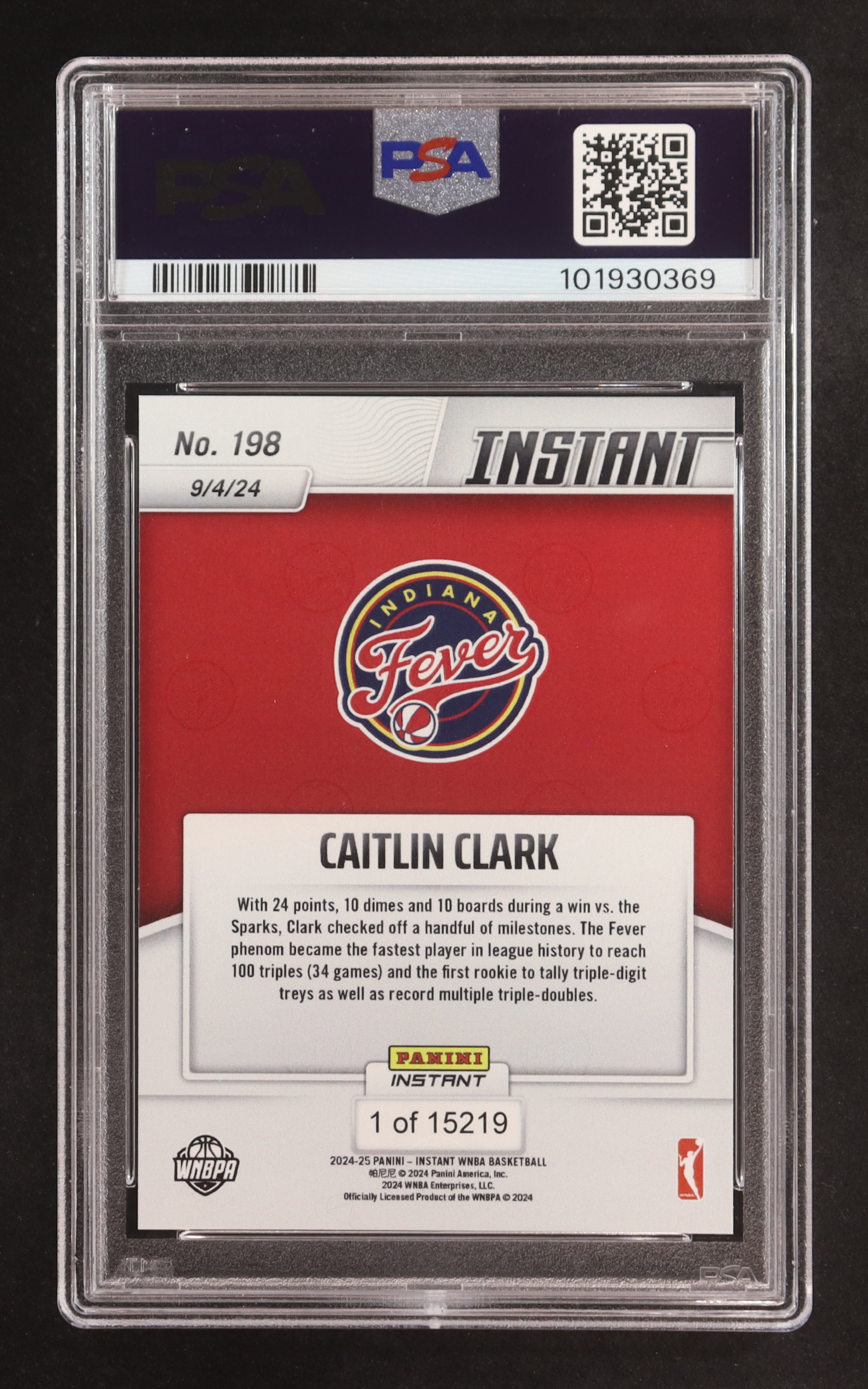 Caitlin Clark 2024 Panini Instant WNBA #198 RC #1/15219 (PSA 9) at PristineAuction.com Caitlin Clark 2024 Panini Instant WNBA #198 RC #1/15219 (PSA 9) at PristineAuction.com