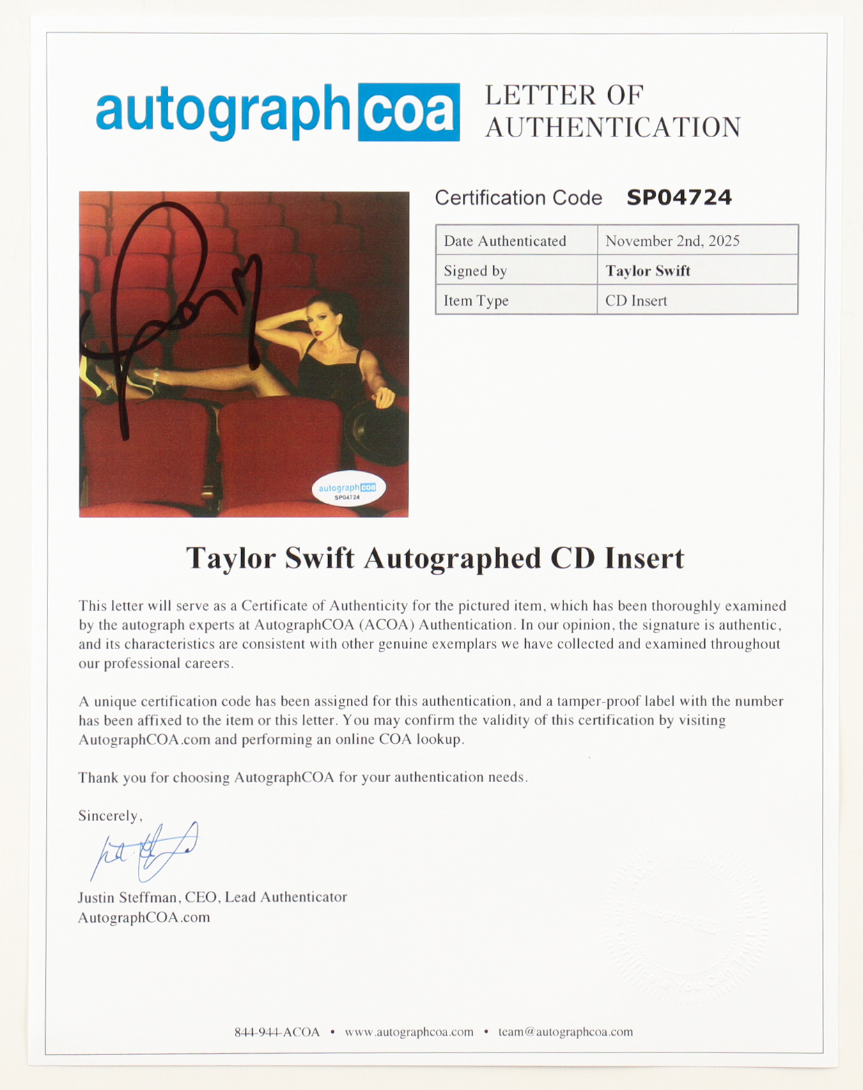 Taylor Swift Signed Custom Framed "The Life of a Showgirl" CD Insert Display with Disc (ACOA) at PristineAuction.com Taylor Swift Signed Custom Framed "The Life of a Showgirl" CD Insert Display with Disc (ACOA) at PristineAuction.com