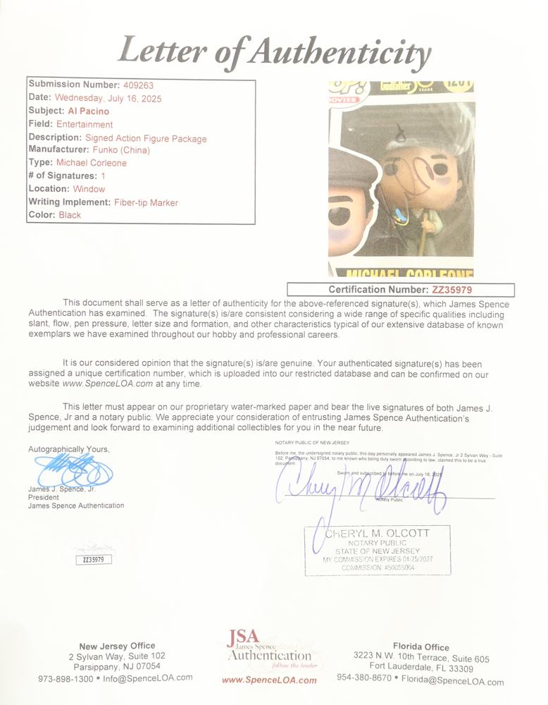 Al Pacino Signed "The Godfather: 50 Years" #1201 Michael Corleone Funko Pop! Vinyl Figure (JSA) at PristineAuction.com Al Pacino Signed "The Godfather: 50 Years" #1201 Michael Corleone Funko Pop! Vinyl Figure (JSA) at PristineAuction.com