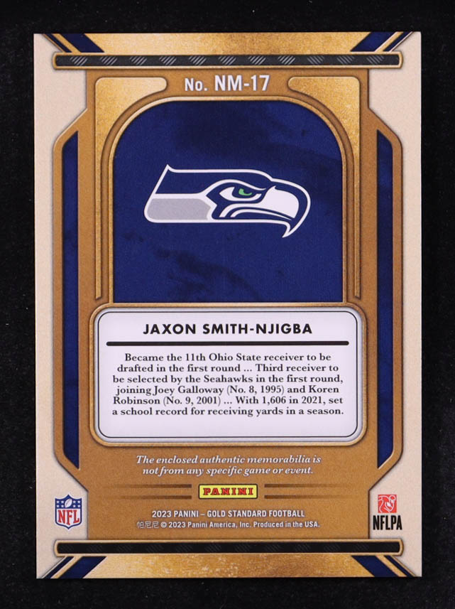 Jaxon Smith-Njigba 2023 Panini Gold Standard Newly Minted Memorabilia #17 #17 RC #207/399 at PristineAuction.com Jaxon Smith-Njigba 2023 Panini Gold Standard Newly Minted Memorabilia #17 #17 RC #207/399 at PristineAuction.com