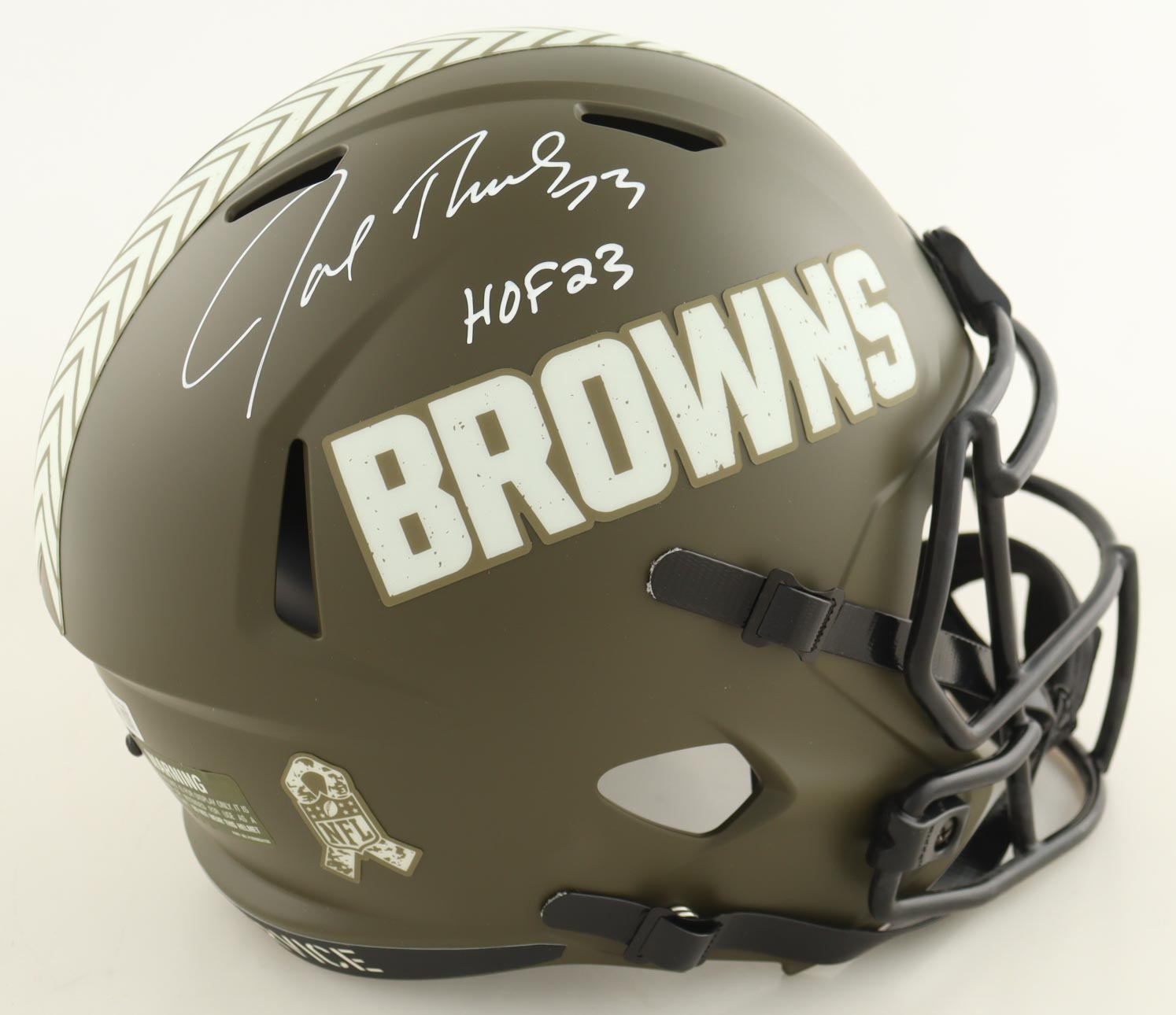Joe Thomas Signed Browns Full-Size Salute To Service Alternate Speed Helmet Inscribed "HOF 23" (Beckett) at PristineAuction.com Joe Thomas Signed Browns Full-Size Salute To Service Alternate Speed Helmet Inscribed "HOF 23" (Beckett) at PristineAuction.com