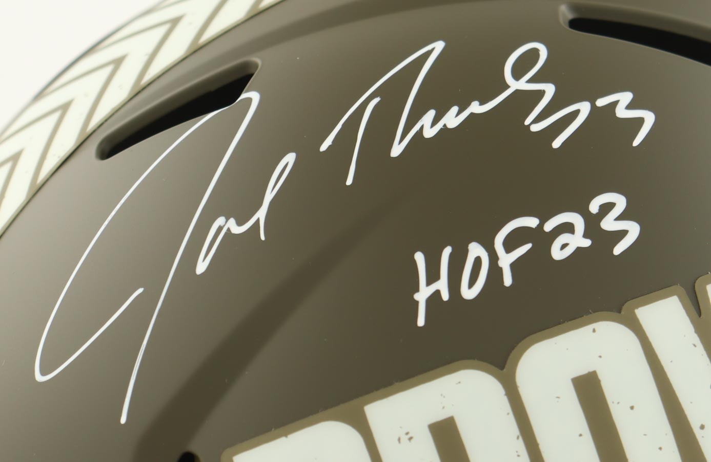 Joe Thomas Signed Browns Full-Size Salute To Service Alternate Speed Helmet Inscribed "HOF 23" (Beckett) at PristineAuction.com Joe Thomas Signed Browns Full-Size Salute To Service Alternate Speed Helmet Inscribed "HOF 23" (Beckett) at PristineAuction.com