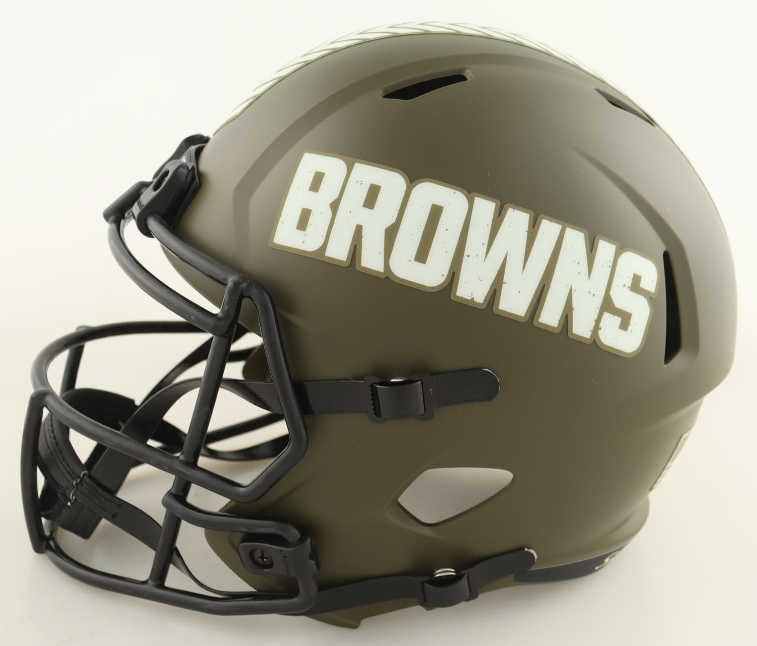 Joe Thomas Signed Browns Full-Size Salute To Service Alternate Speed Helmet Inscribed "HOF 23" (Beckett) at PristineAuction.com Joe Thomas Signed Browns Full-Size Salute To Service Alternate Speed Helmet Inscribed "HOF 23" (Beckett) at PristineAuction.com