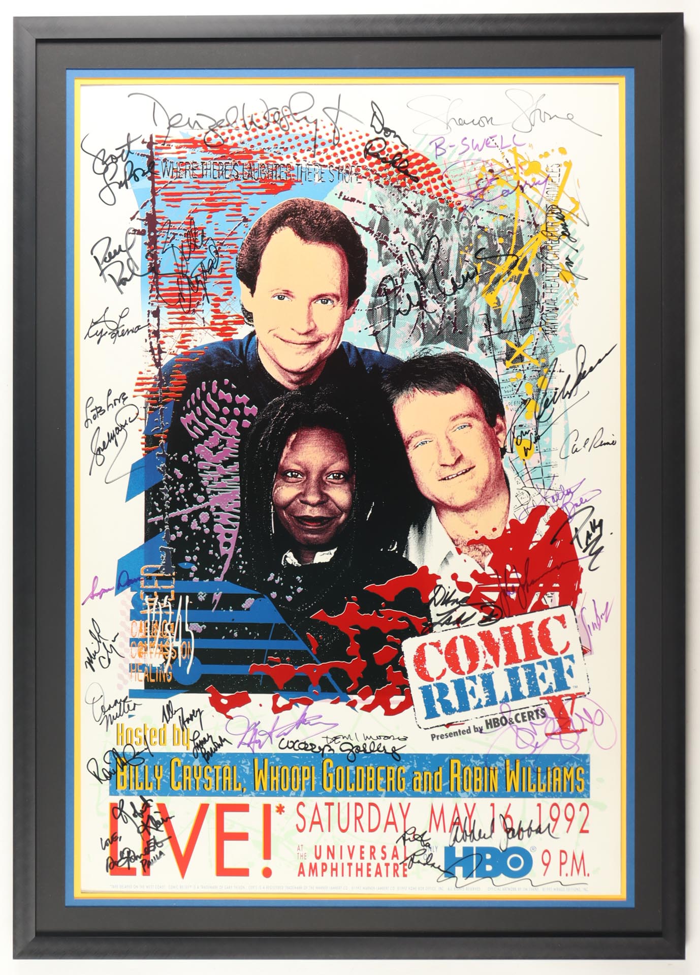 1992 HBO Comic Relief Custom Framed Poster Signed by (34) with Robin Williams, Richard Lewis, Denzel Washington, George Foreman at PristineAuction.com 1992 HBO Comic Relief Custom Framed Poster Signed by (34) with Robin Williams, Richard Lewis, Denzel Washington, George Foreman at PristineAuction.com