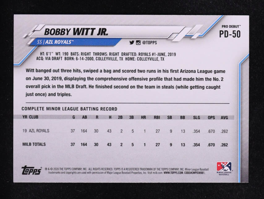 Bobby Witt Jr. 2020 Topps Pro Debut #PD50 RC at PristineAuction.com Bobby Witt Jr. 2020 Topps Pro Debut #PD50 RC at PristineAuction.com